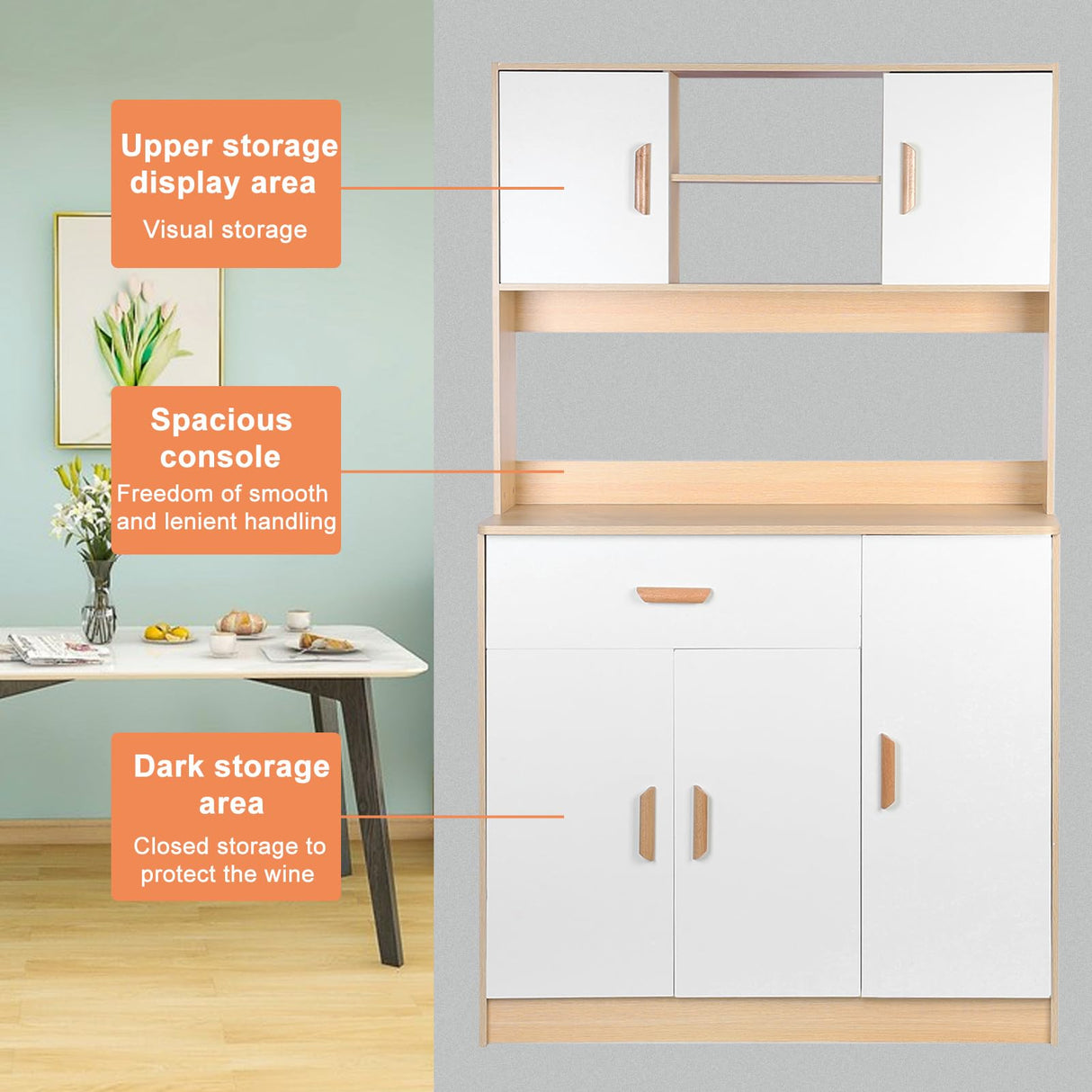 Freestanding Kitchen Pantry Cabinet, Hutch Cabinet with Storage, Tall Sideboard Buffet Cabinet with Doors and Shelves, Microwave Shelf, Wooden Coffee Bar Cabinet for Living Room, Dining Room Shulemin