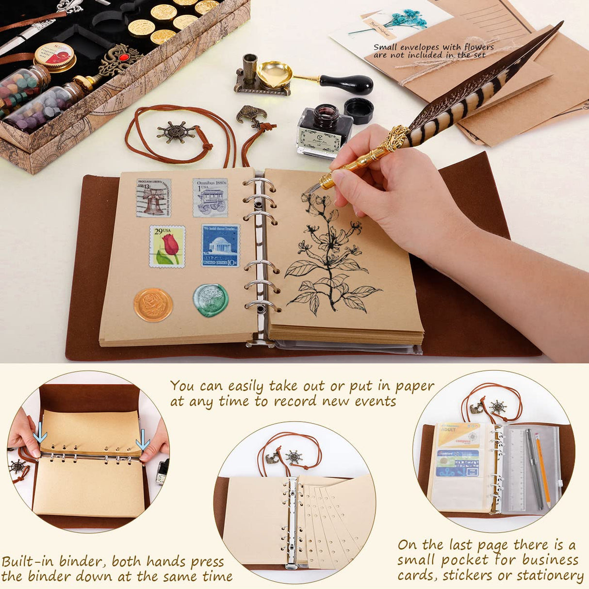 YICMY Feather Pen Pheasant Quill Pen and Ink Set,Caligraphy Kits for Beginners, Feather Pen and Ink Set With Leather Journal Notebook,Wax Seal Kit,7 Wax Seal Stamp Heads,Calligraphy Pens for Gift YICMY