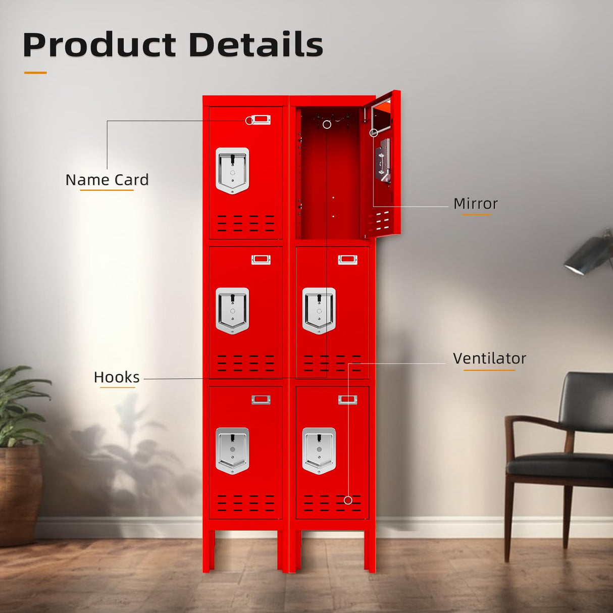 SAPITAL Metal Locker with 3 Doors Employees Locker, Metal Storage Locker with Hooks, 66" Storage Cabinet Lockers for Employees, Home, Office, Gym Requires Assembly (Red) SAPITAL