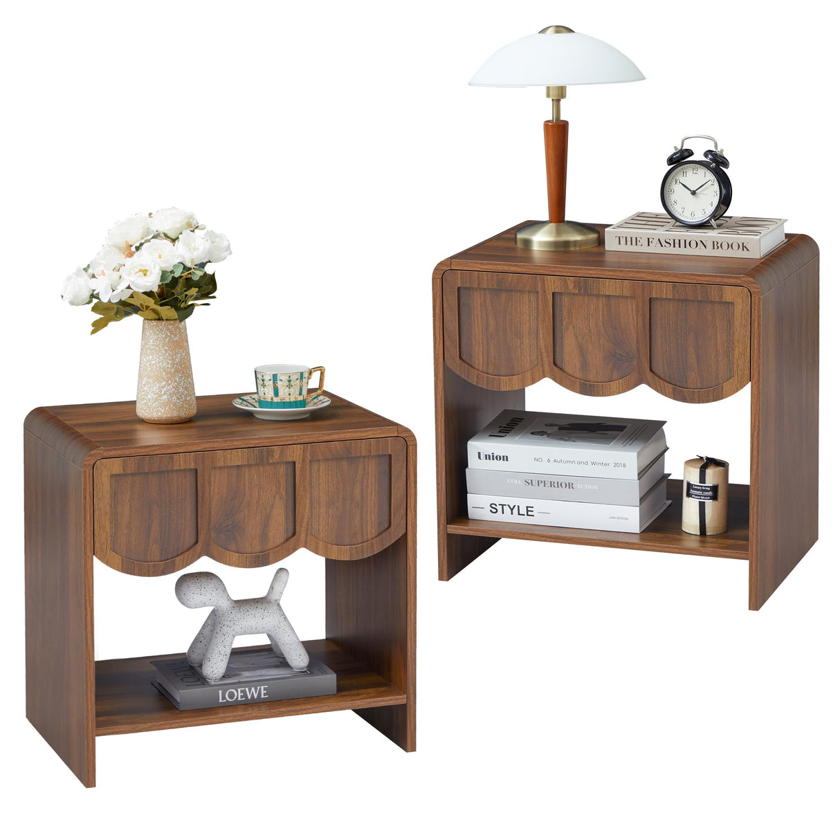 Night Stand Set of 2, Mid Century Modern Farmhouse Wood Nightstand with Wave Panel Drawer, Bed Side End Table for Small Space, Living Room - Walnut ORRD