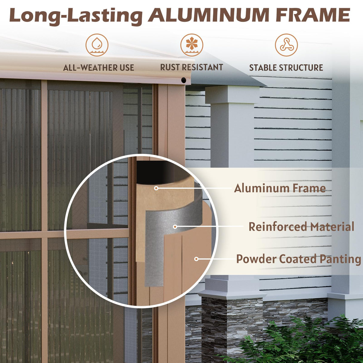 EROMMY 10' x 16' Sunroom, Wall Mounted Gazebo Solarium with Drainage Trough, Polycarbonate Roof, Lean to pergola for Garden, Permanent Sun Room with Lockable Sliding Doors, Brown EROMMY