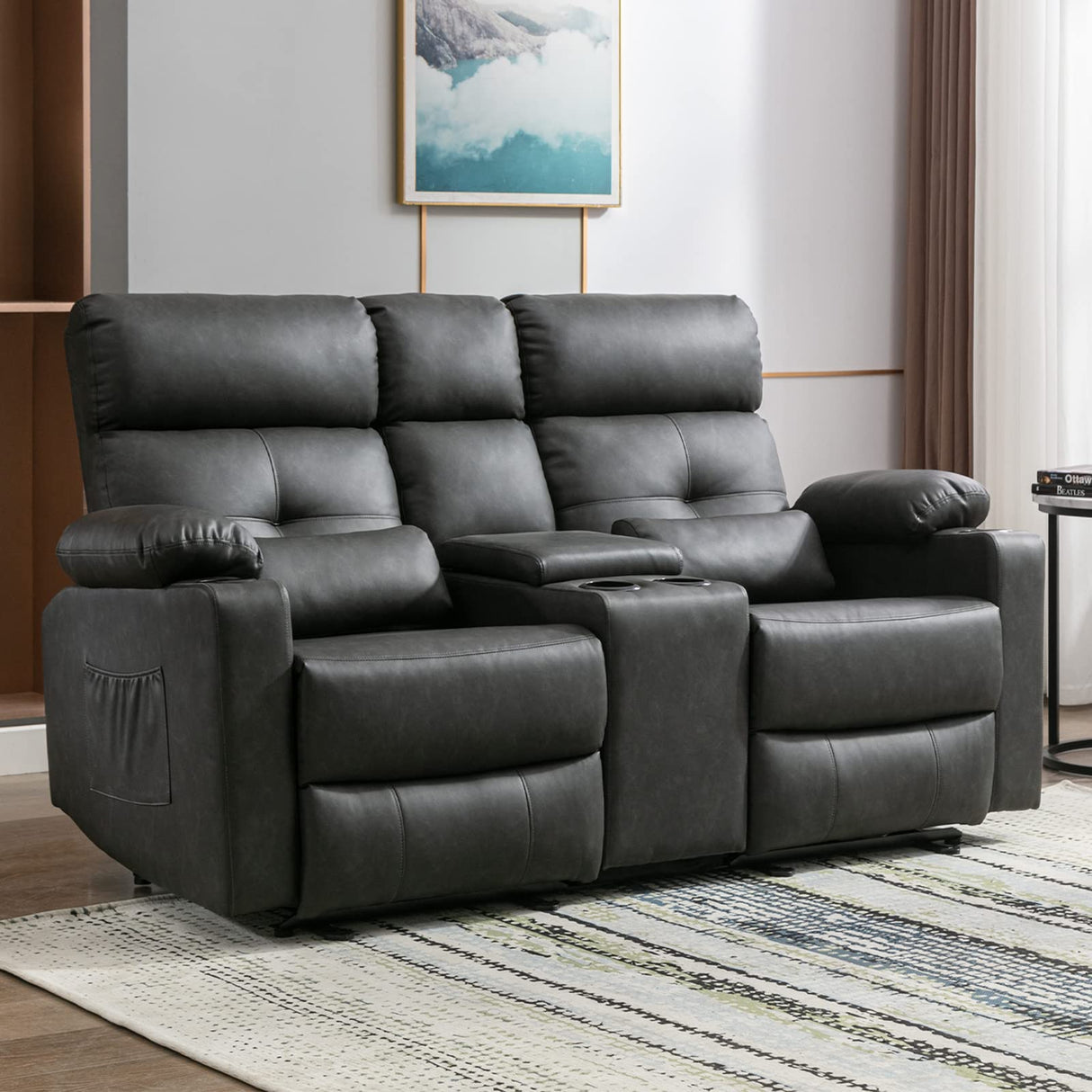 Consofa Power Reclining Loveseat with Console, Power Loveseat Recliner Sofa with Heat and Massage, Extended Footrest, Loveseat Recliner with Cup Holders, Lumbar Support for Living Room, Home Theater Consofa
