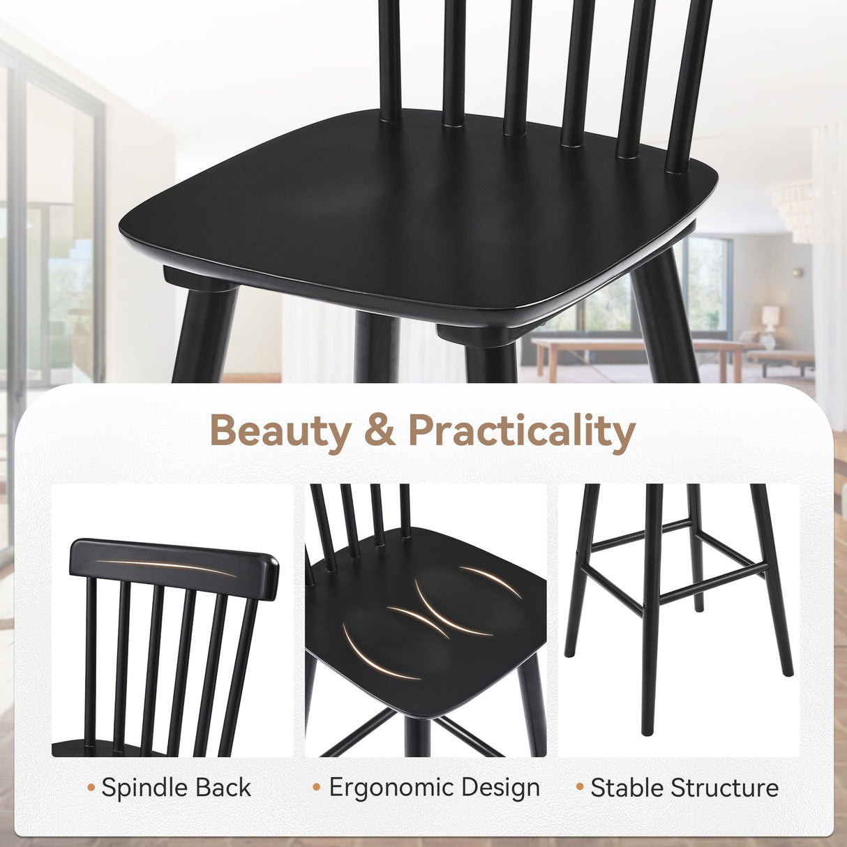 LUE BONA Windsor Wooden Barstools Set of 4 for Kitchen Island, Farmhouse 30 Inch Bar Height Stools Chairs with Spindle Back for Bar Bistro, Black LUE BONA