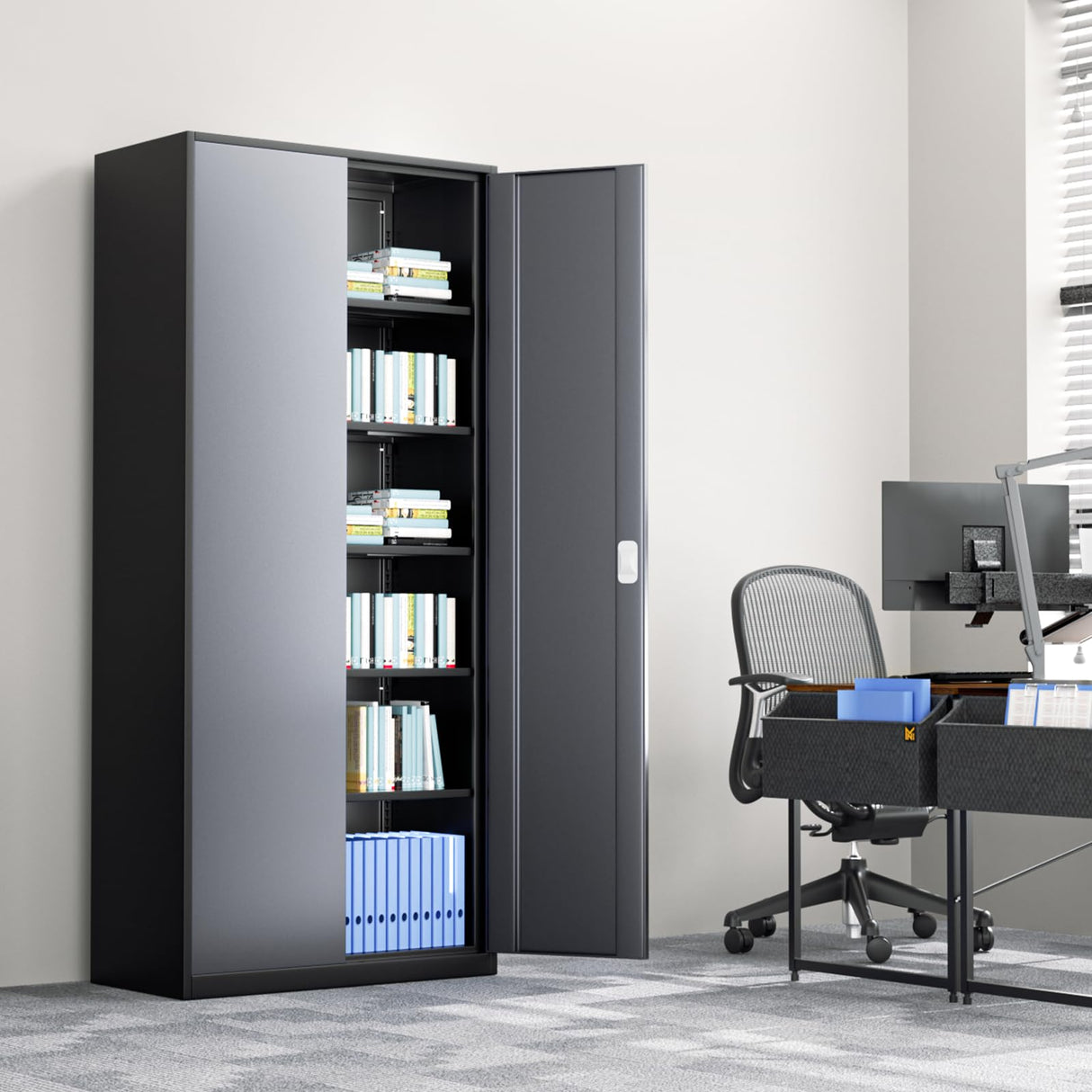 Athena Collection 71" Tall Metal Storage Cabinet with 2 Doors and 6 Ajustable Shelves, Garage Storage Cabinet for Files, Tools, Home Offcie, School, Garage, Pantry, Grey Black Athena Collection