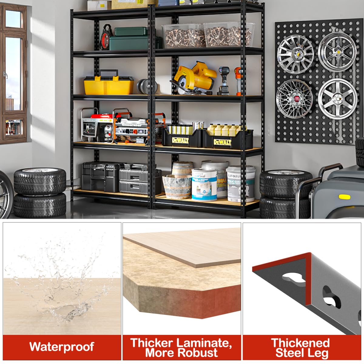 SYLOUGH 36"W "Father&I" 5-Shelf Industrial Metal Steel Garage/Tote Storage Shelves Heavy-Duty Adjustable Rack: Tall Shelving Units Organizer for Closet/Basement/Pantry/Shop/School 72"H*36W*16"D, Black SYLOUGH