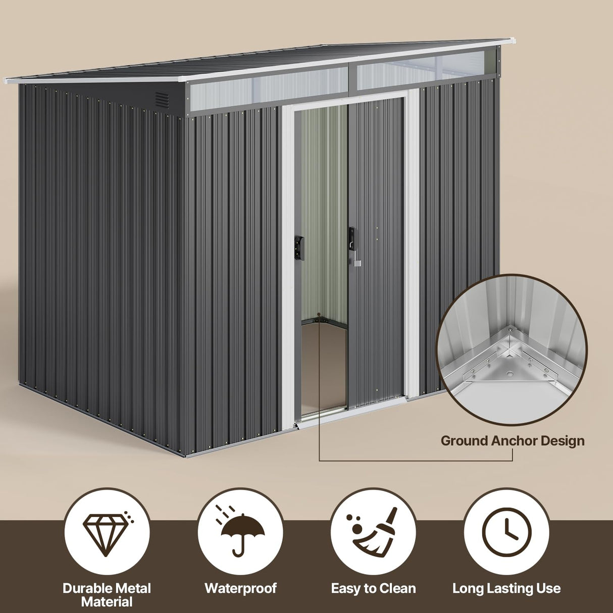 Gizoon 7.4'x5.3' Outdoor Storage Shed Metal Garden Shed with Sliding Lockable Doors, Versatile Tool Bike Shed with Transparent Panel Windows, Outdoor Storage Clearance for Backyard, Patio, Dark Gray Gizoon