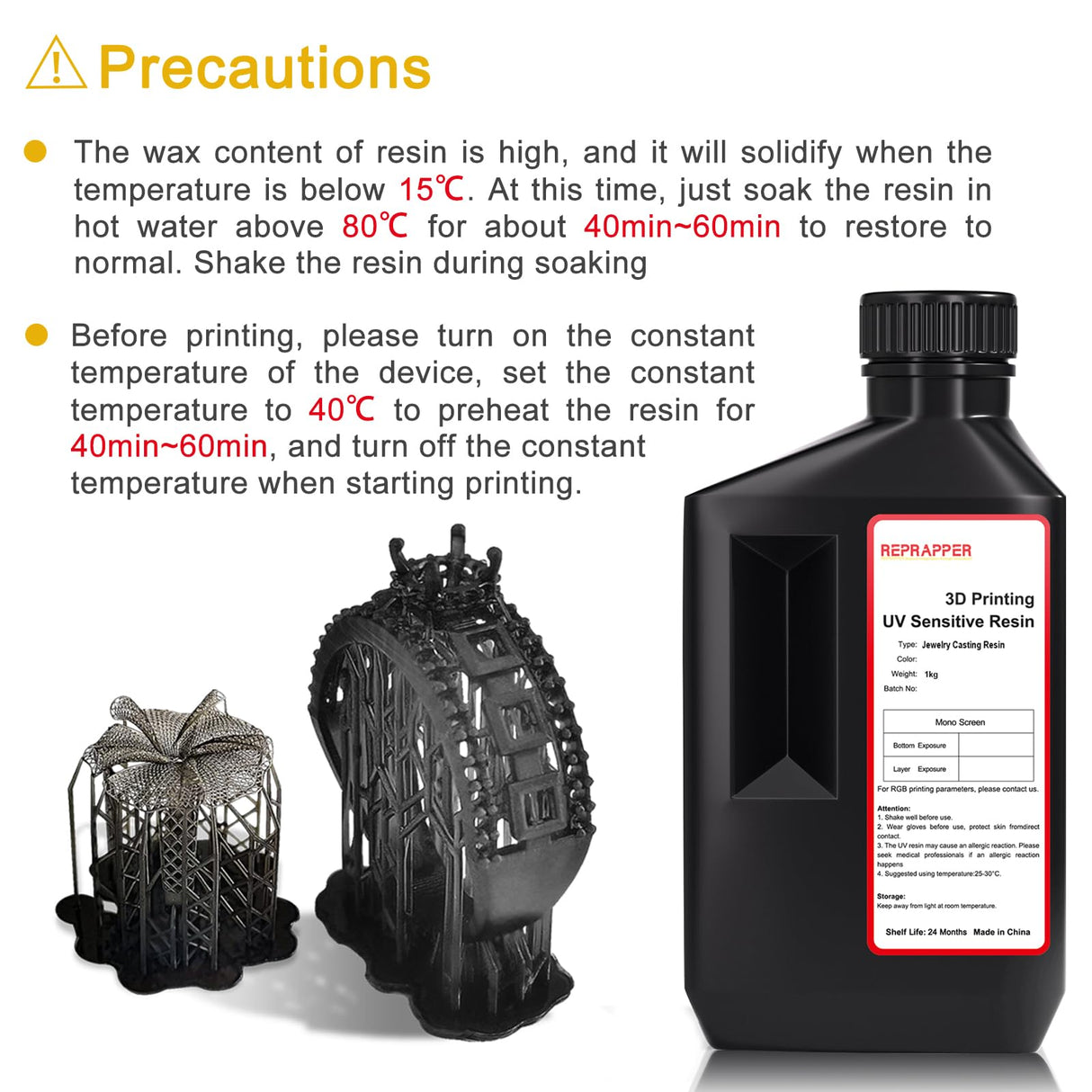 Reprapper Casting 3D Printer Resin, Castable 1kg 3D Printing, Easy to Print and Use, High Resolution 405nm Photopolymer 3D Resin for Jewelry, Bracelets and Metal Parts, Clear Yellow RepRapper