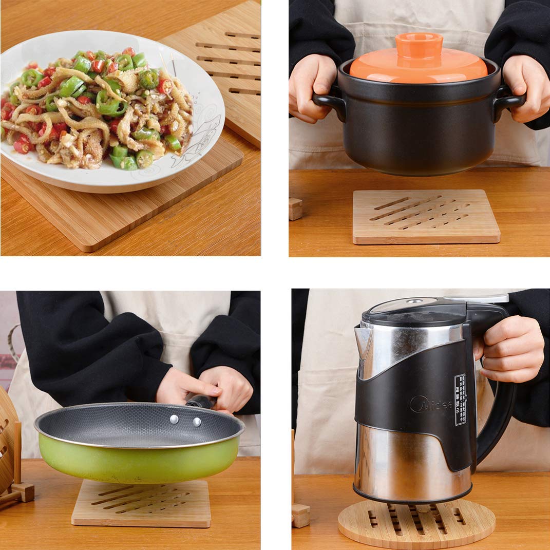 Bamboo Trivet Kitchen Bamboo Hot Pads Trivet Natural Bamboo Trivet Mat Set for Hot Dishes/Pot/Bowl/Teapot/Hot Pot Holders 2 Square 2 Roundness 1 Storage Rack Garkup