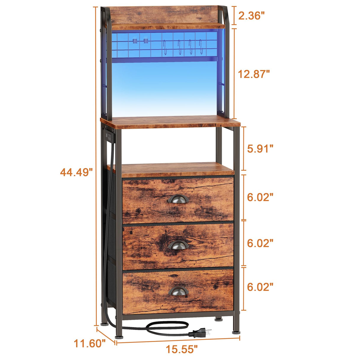 Furologee Tall Nightstand with 3 Drawers, Bedside Table with LED Lights and Charging Station, Night Stand with Pegboard and Shelves, 44'' Tall Bedside Table for Bedroom/Living Room/Dorm/Rustic Brown Furologee