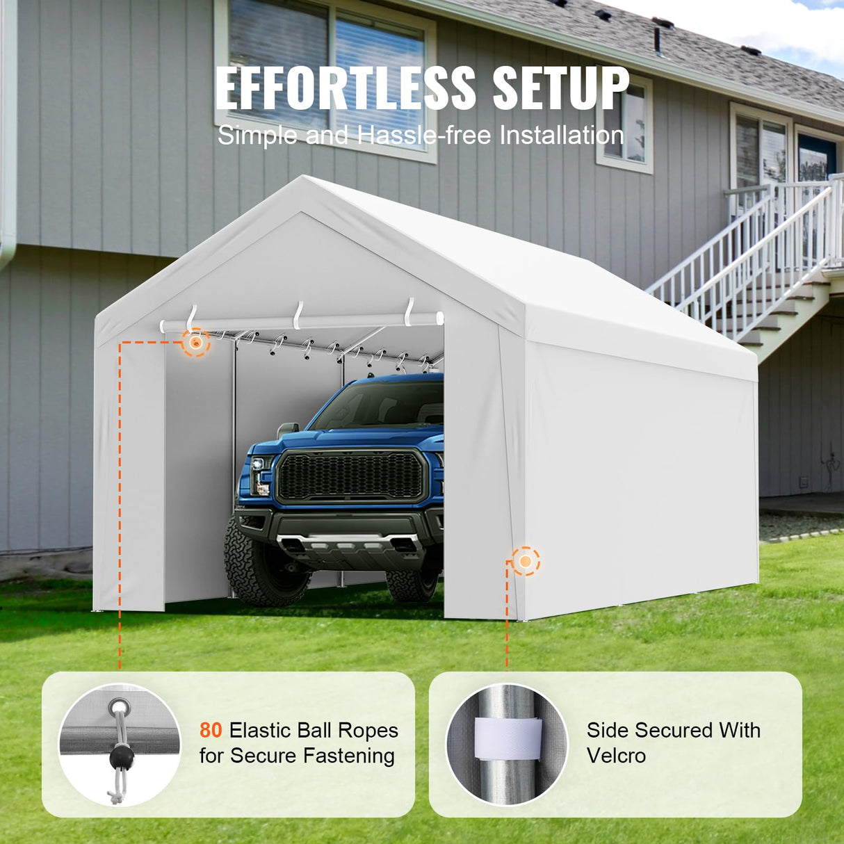 VEVOR Carport Replacement Canopy Top Cover + Sidewall 10 x 20 ft, Garage Tent Shelter Tarp Heavy-Duty Waterproof & UV Protected, Easy Installation with Ball Bungees,White (Frame Not Included) VEVOR