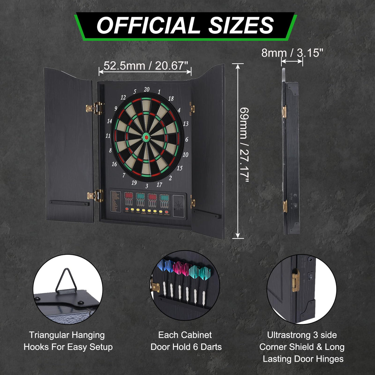 PATIKIL Electronic Dart Board Cabinet Set, LED Digital Electric Dartboard with Wooden Cabinet Door, Soft Tip Darts Board with 12 Darts, 88 Tips, 27 Games, 243 Variations, Up to 16 Players PATIKIL