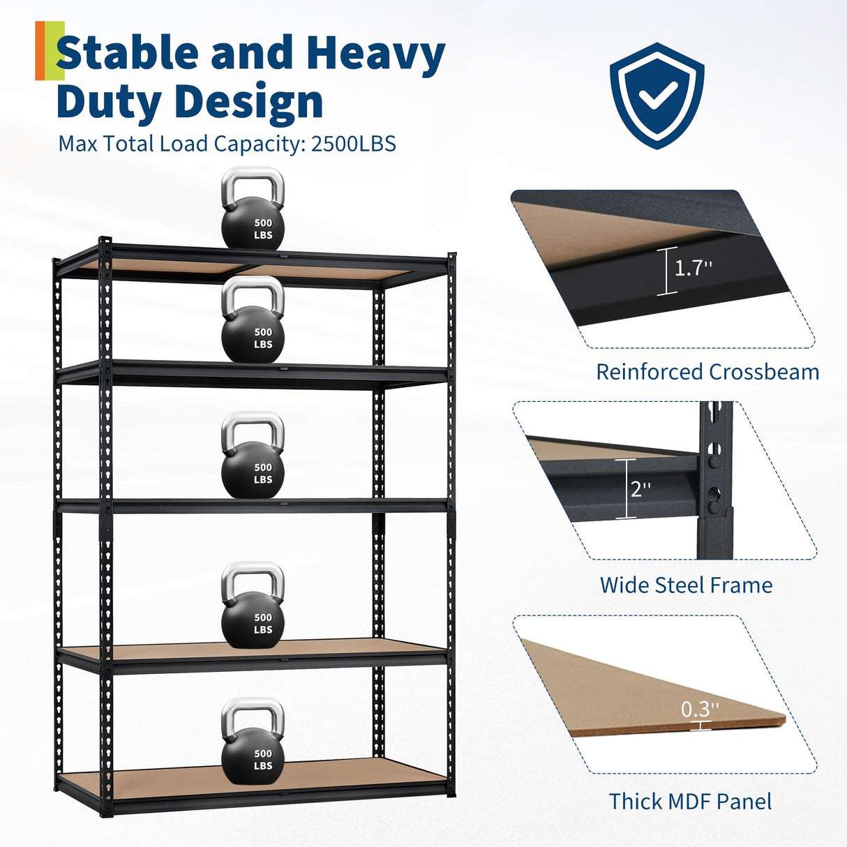 Garage Storage Shelves 5 Tiers, Heavy Duty Storage Shelving Racks with 2500 LBS Capacity, 48 " L x 18 in W x 72 in H Metal Adjustable Shelving Unit for Kitchen Pantry Basement Bathroom Laundry GarveeHome