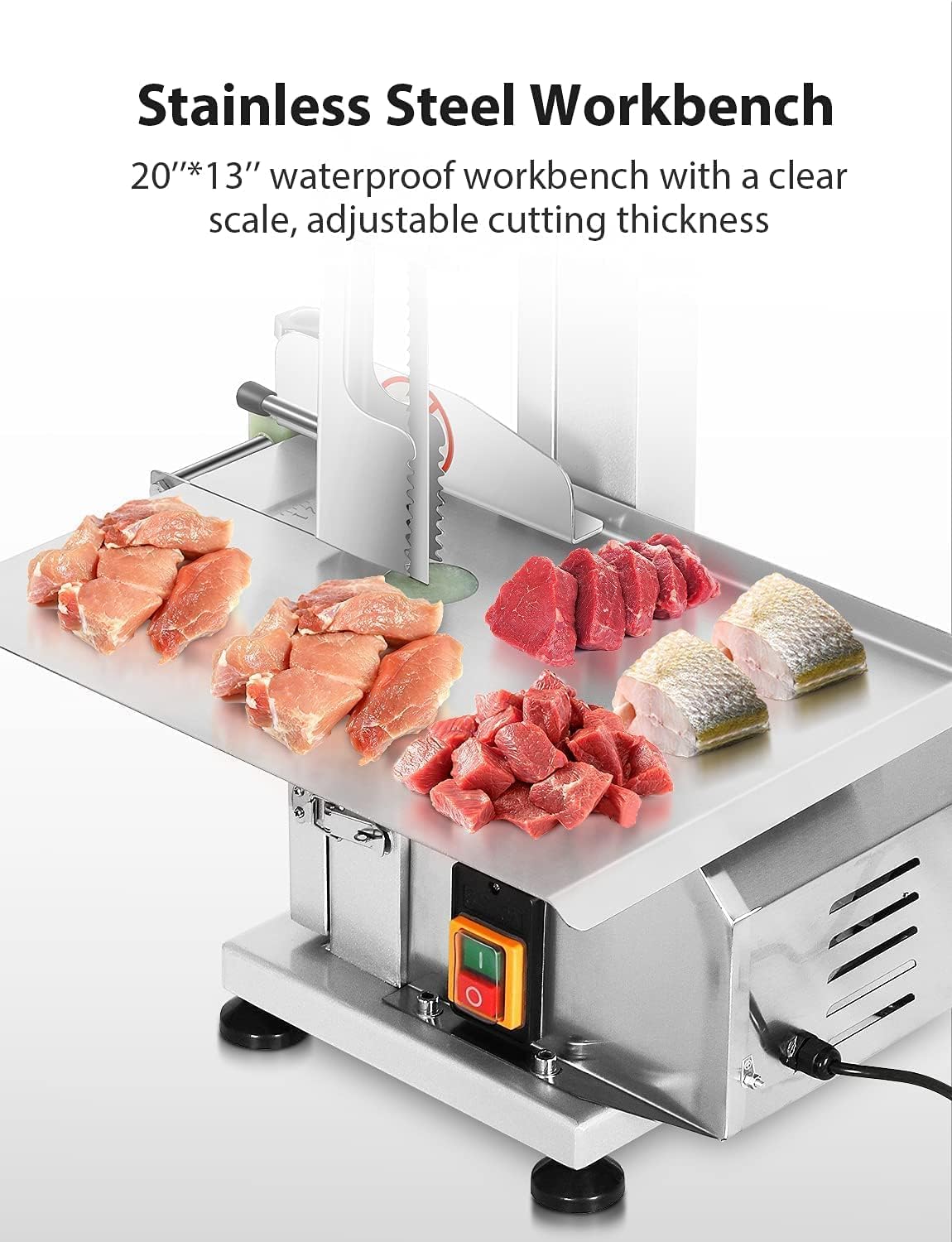 Electric Meat Bone Saw 750W Band Saw Commercial Meat Saw for Butcher Cutting Frozen Meat into Slice Bandsaw Machine 0.8-4.3“ Chop Thickness Bone FADHOLE