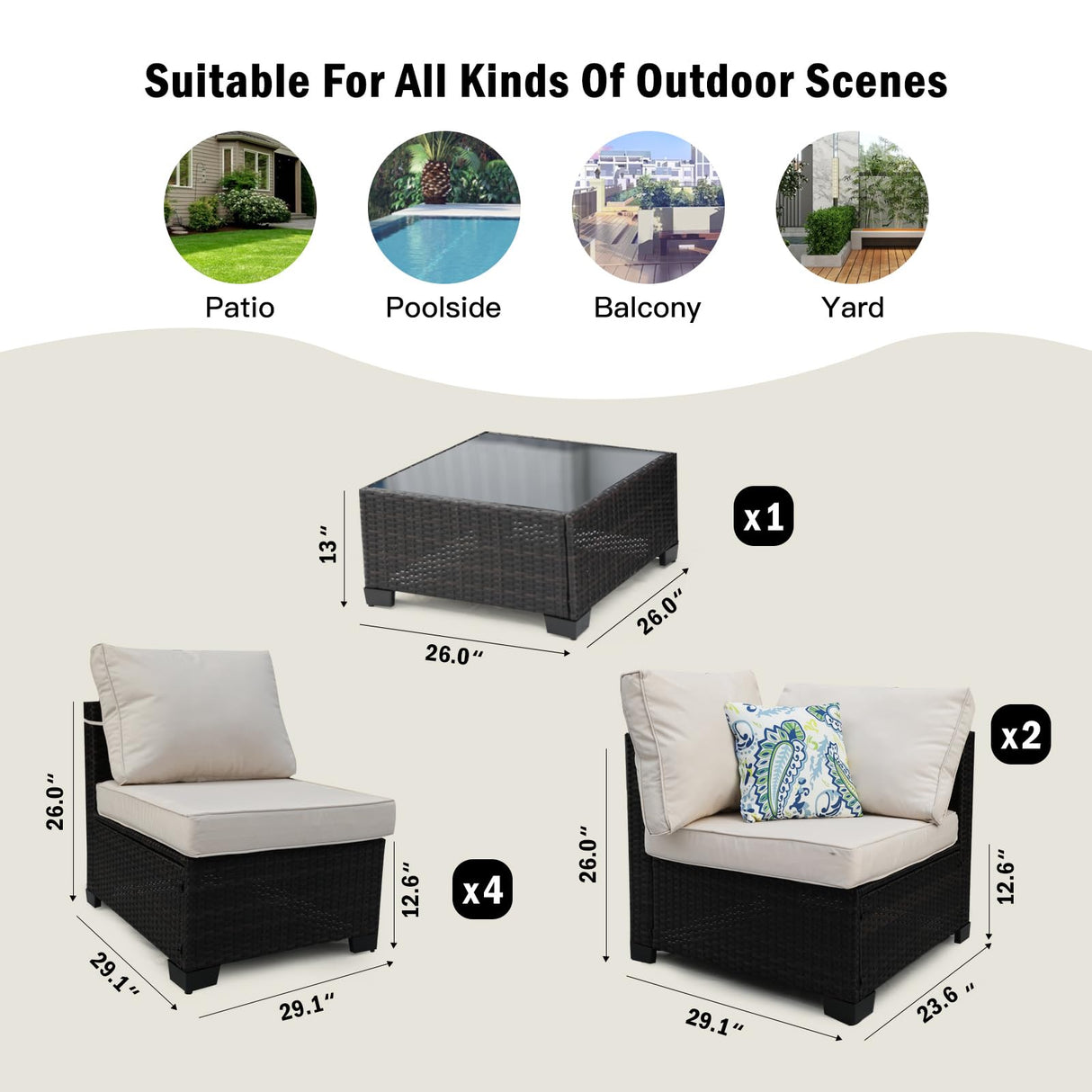 Ophelian 7 Pieces Outdoor Sectional Rattan Wicker Patio Furniture Set Conversation Sets with Cushion for Balcony Lawn and Garden, Brown/Beige Ophelian