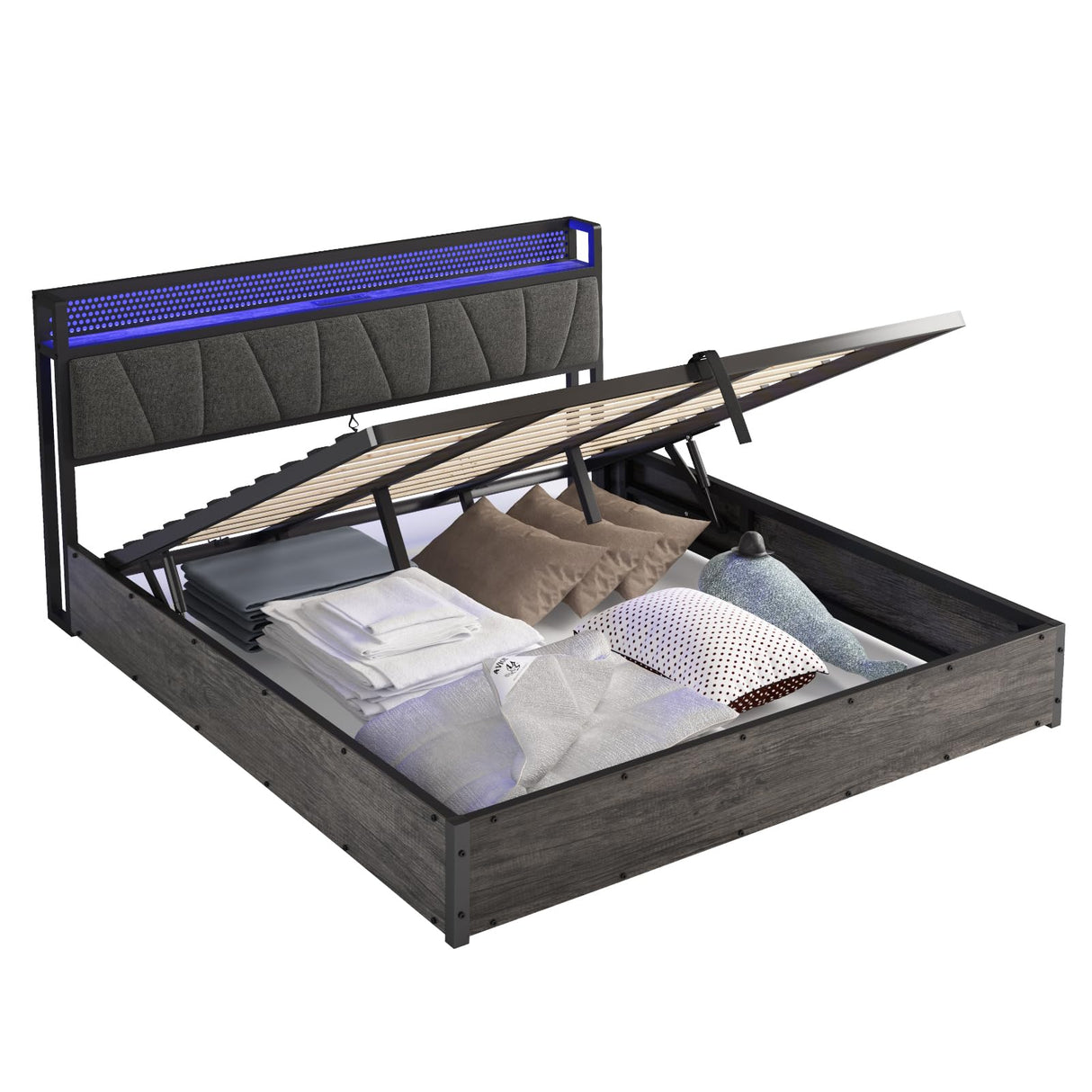 AMERLIFE King Size Lift Up Bed Frame with Linen Upholstered & LED Light & Storage Headboard, Platform Bed Frame with Charging Station, No Box Spring Needed, Noisy Free, Rustic Grey AMERLIFE