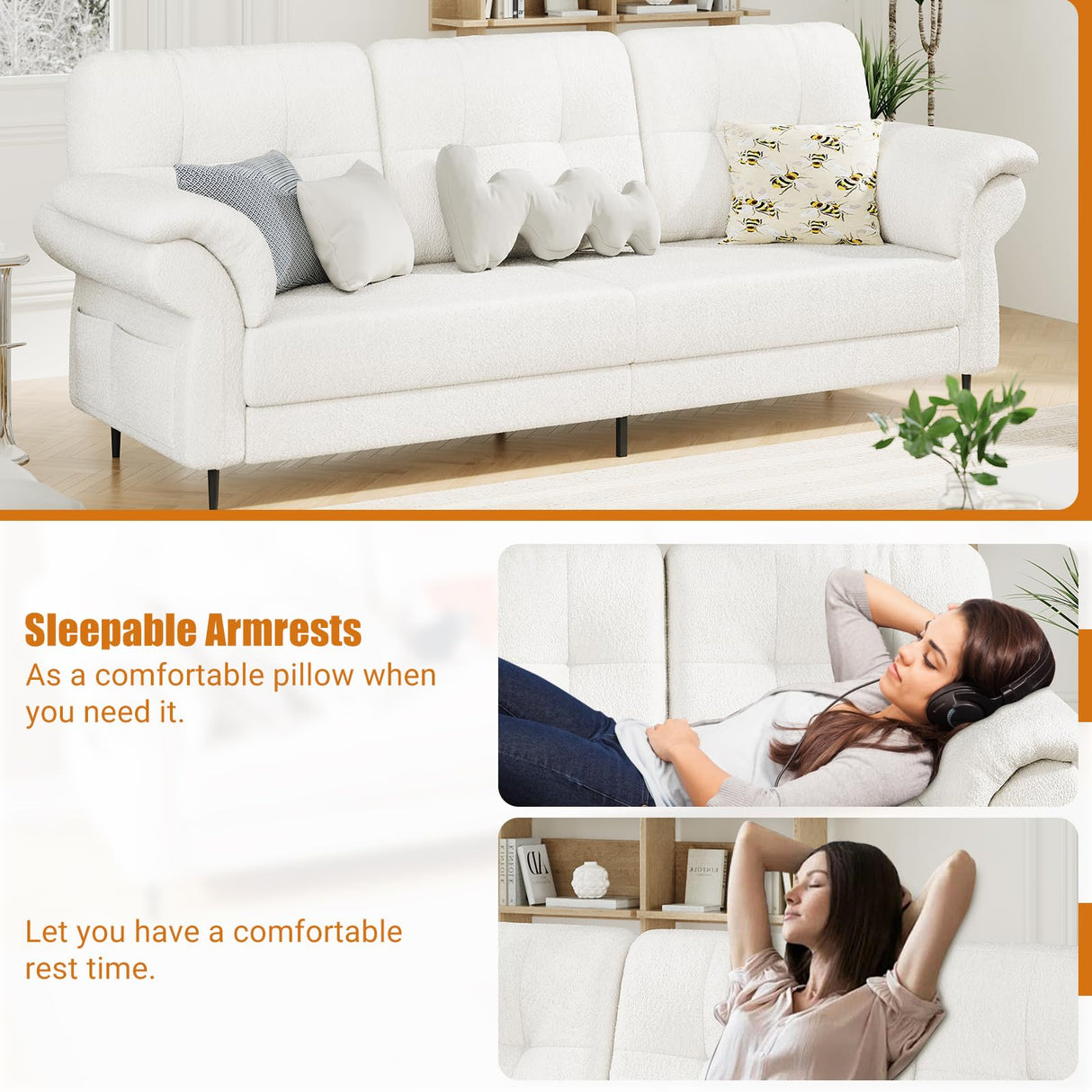 GarveeHome 83.5" Sofa for Living Room,Modern Sofa Couch- 3 Seater Sofa with Removable Pillows,Comfy Sofa Couch with Wide Seats,Teddy Fleece Sofa,Couch for Living Room Apartment Lounge,White GarveeHome