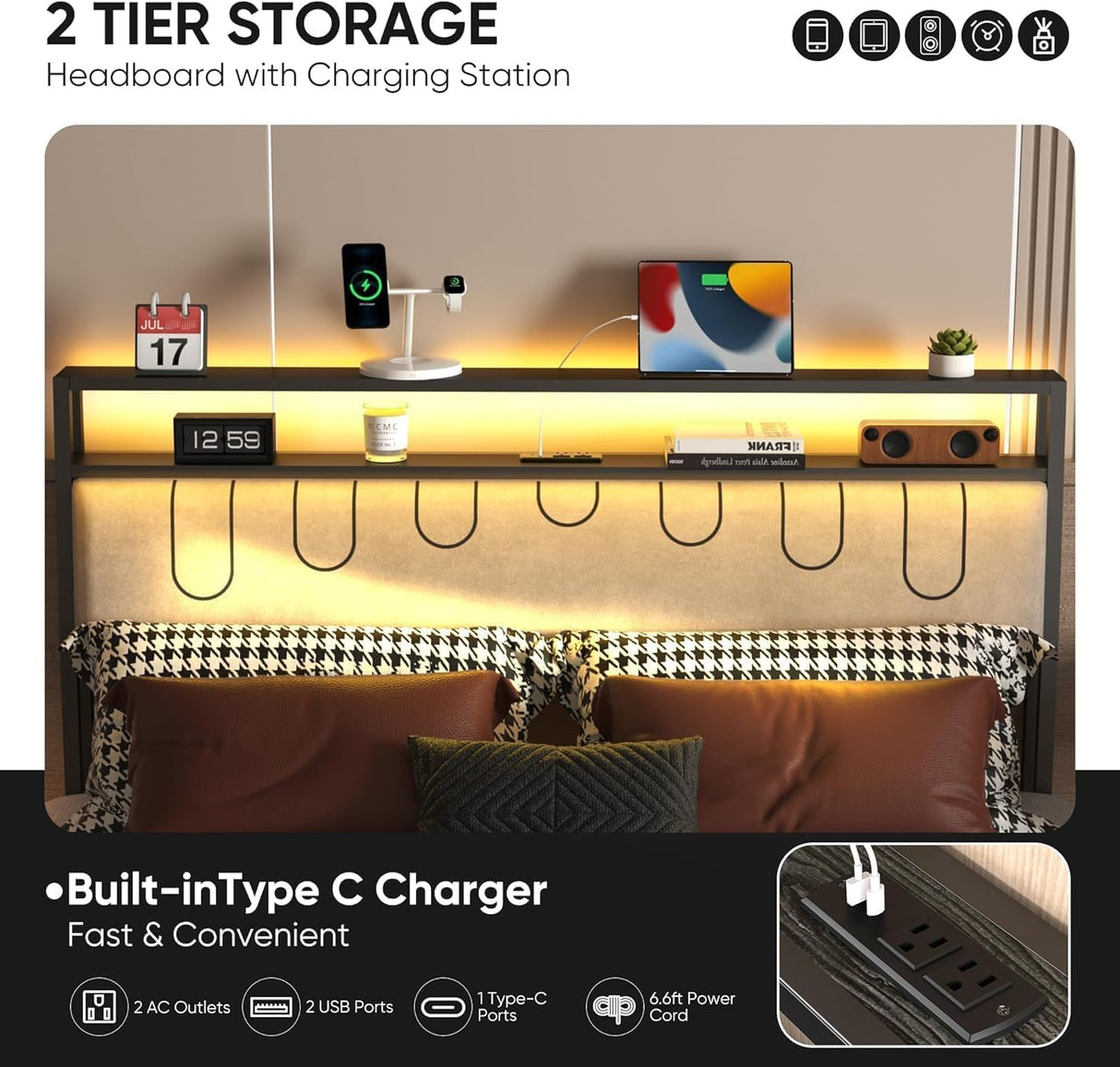 J.Fkne Full Bed Frames with Charging Station and LED Lights, Full Size Platform Bed with Metal Slats, Upholstered Headboard with 2-Tier Storage Shelves, No Box Spring Needed, Easy Assembly, Black J.Fkne