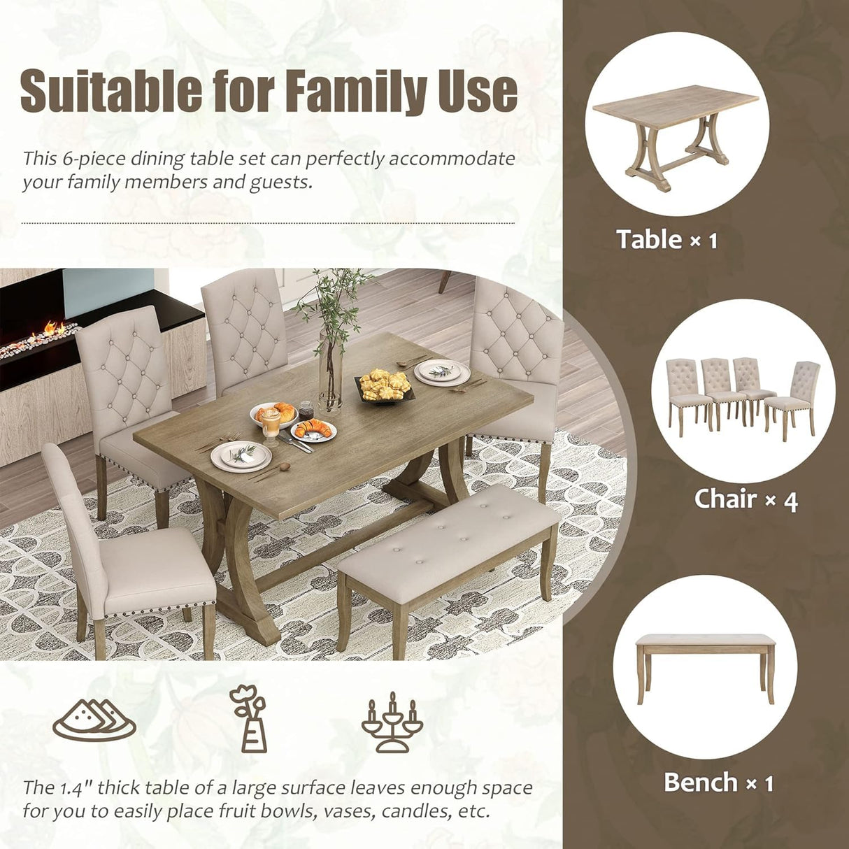 Farmhouse Dining Table Set for 6, Kitchen Table Set with Chairs and Bench, 6 Piece Solid Wood Dining Room Set with Trestle Table Legs for Kitchen, Dining Room (Natural Wood Wash) Mirightone