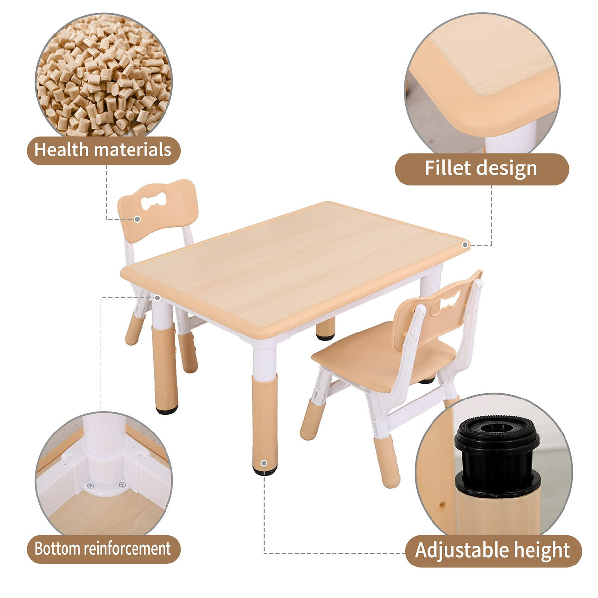 UNICOO - Kids Study Table and Chairs Set, Height Adjustable Plastic Children Art Desk with 2 Seats, Multi Activity Table Set (Maple TOP with Natural UNICOO