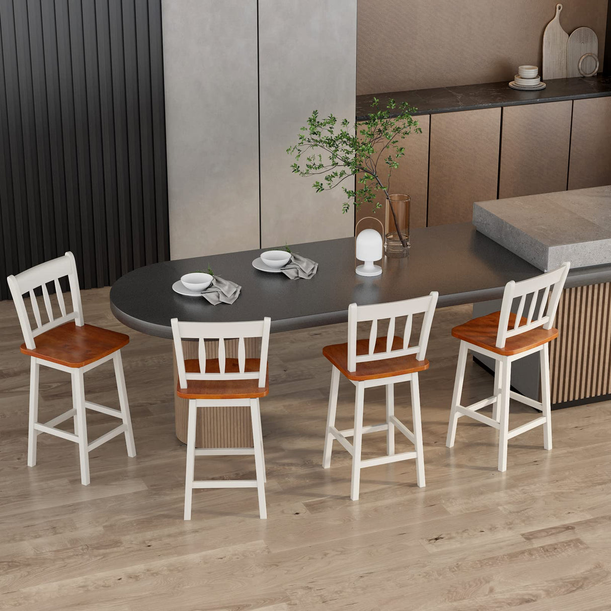COSTWAY 24.5 Inch Ergonomic White Bar Stools Set of 4 with 360° Swivel & Footrest COSTWAY