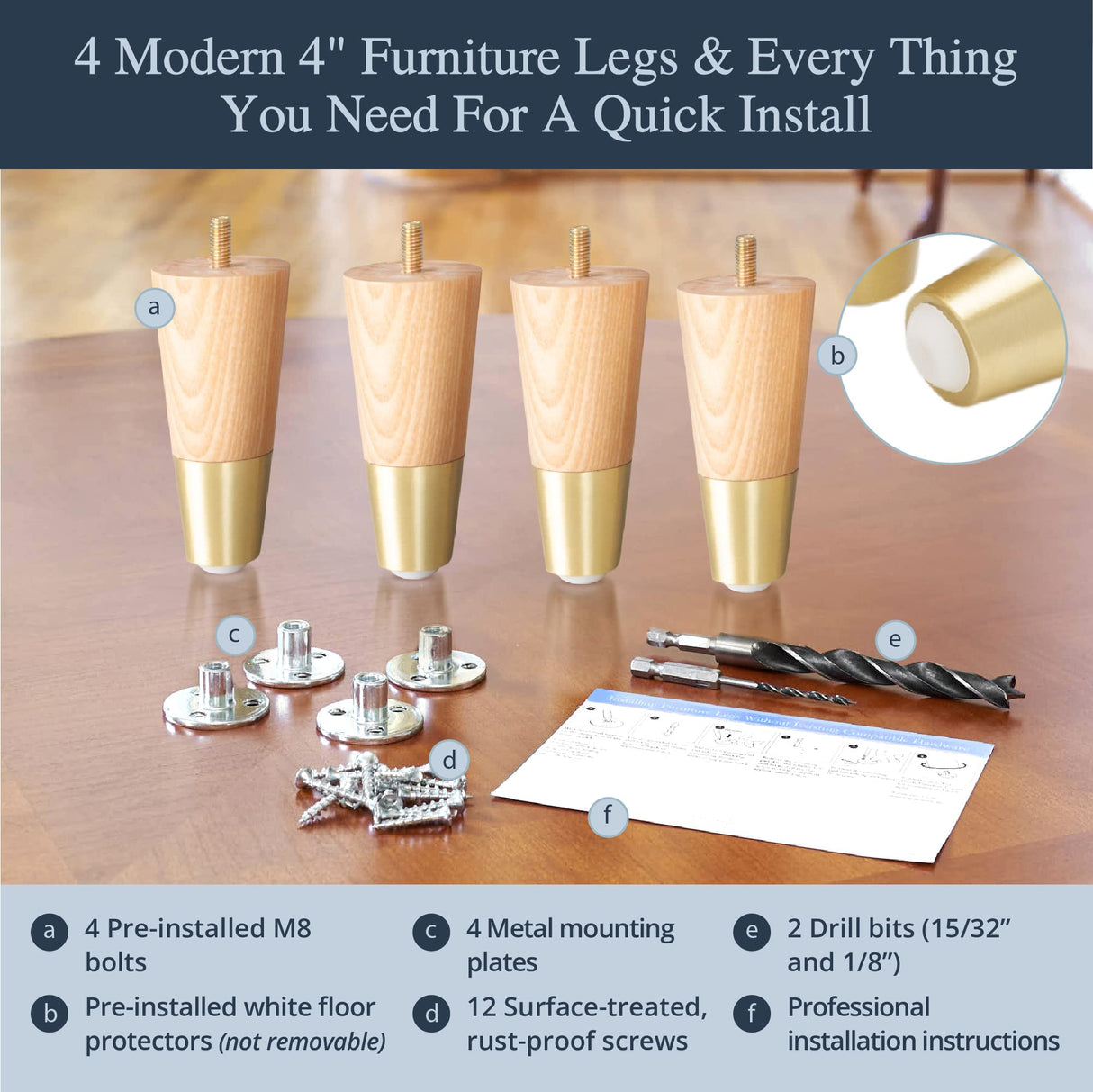 Ash Wood Furniture Legs With Gold Caps - Mid Century Feet For Sofa, Chair, Table, Dresser, Bed, Cabinet, Ottoman - Wood Leg Risers, Easy Install & Includes Installation Hardware - Set of 4, 4 Inches Airy Abode