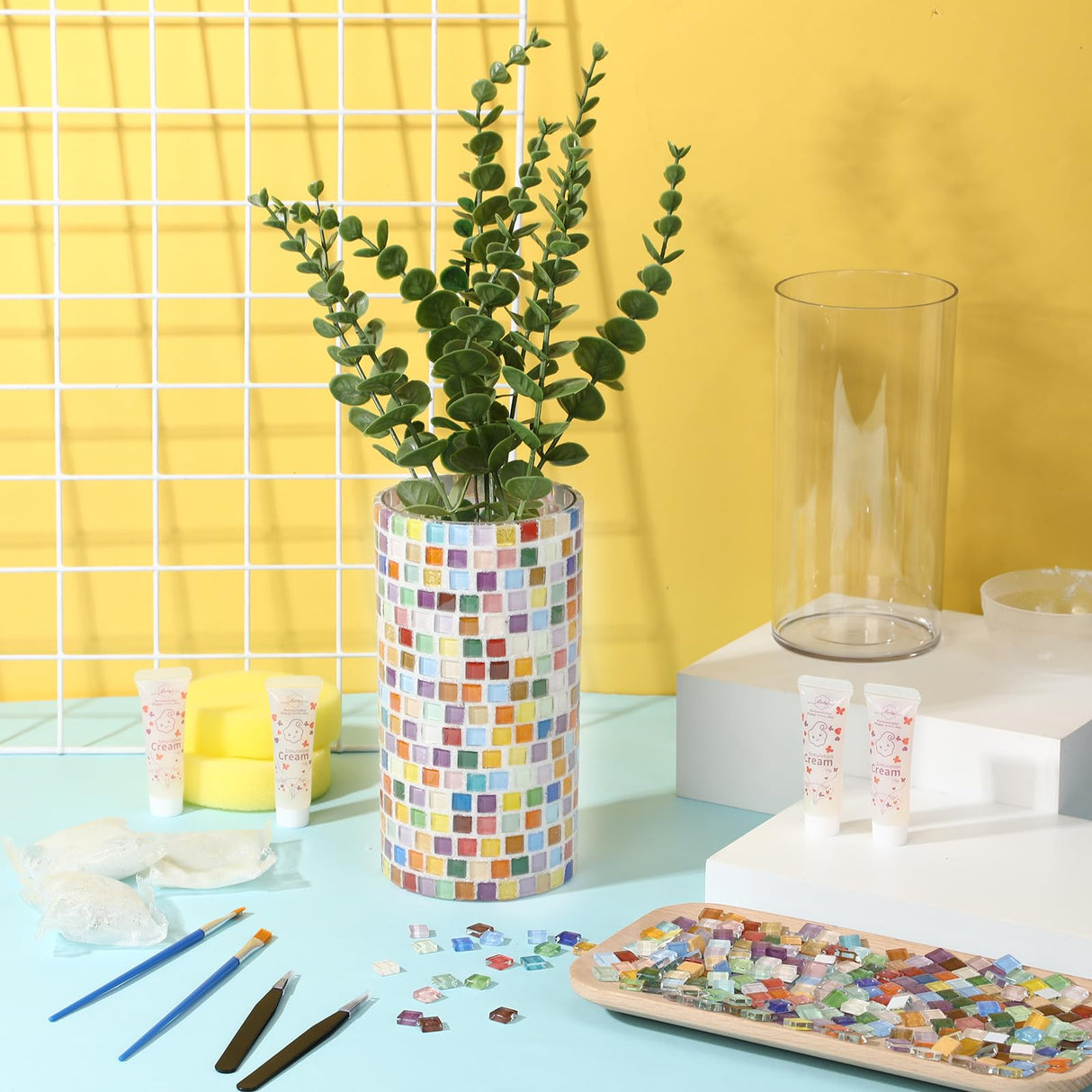 LemonRoad 2 Set DIY Mosaic Vase Kit Gifts for Adults Acrylic Cylinder Vases Arts and Crafts Kit with Complete Craft Accessories Supplies for Handmade Home Decor Painting Mosaic Lovers Birthday Gifts LemonRoad