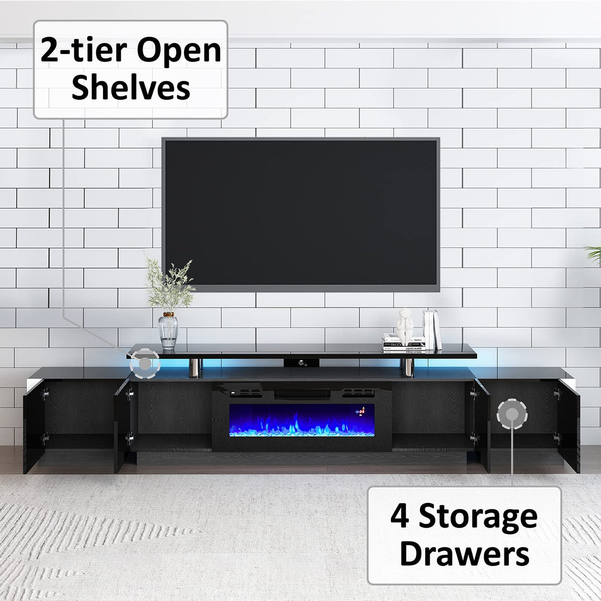 AMERLIFE 110" Large Fireplace TV Stand Set with 36" Electric Fireplace, Includes 70" 2-Tier Fireplace TV Stand, 2 x End Tables, Modern High Gloss TV Console with LED Light for Living Room, Black AMERLIFE