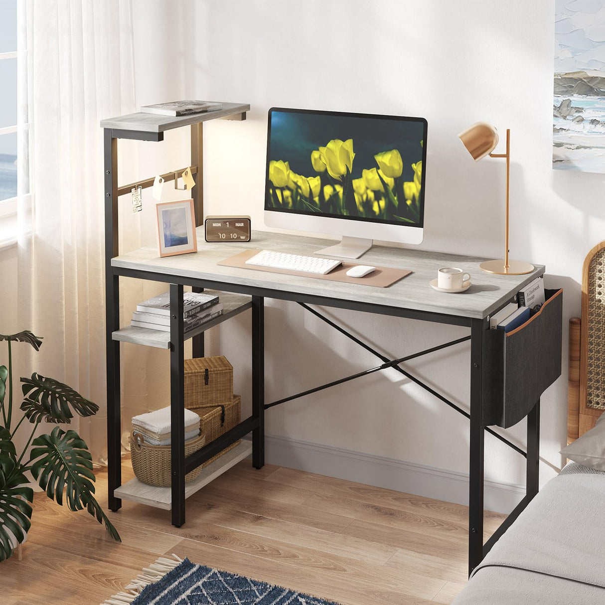 Bestier Computer Desk with 4 Tiers Shelves, Gaming Desk with LED Lights, 44 Inch Office Desk with Storage Bag & Printer Shelf (Retro Grey Oak) Bestier