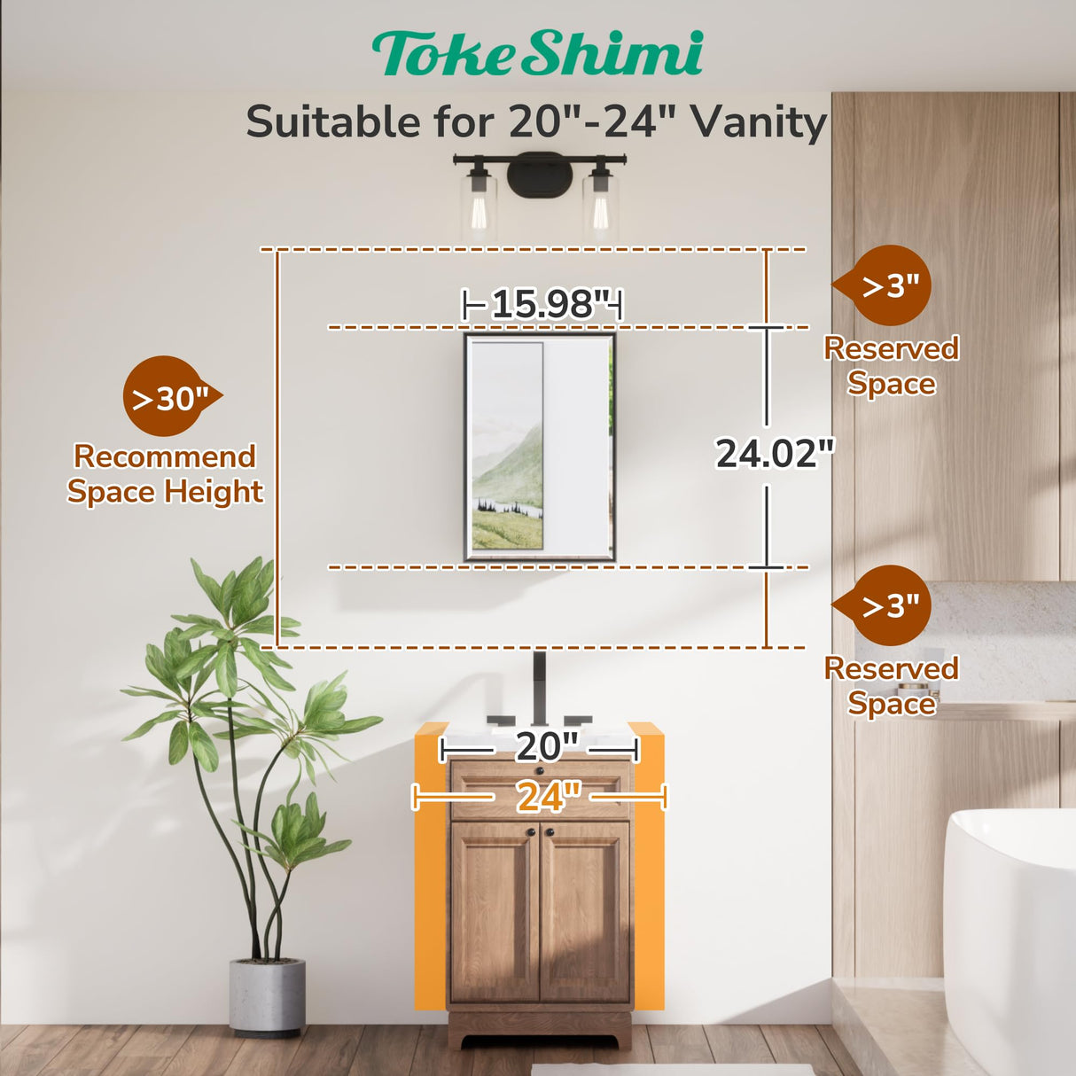 TokeShimi 16x24 Recessed Medicine Cabinet with Mirror, Black Bathroom Medicine Cabinet with Mirror, Bathroom Mirror with Storage, Beveled Aluminum Frame TokeShimi