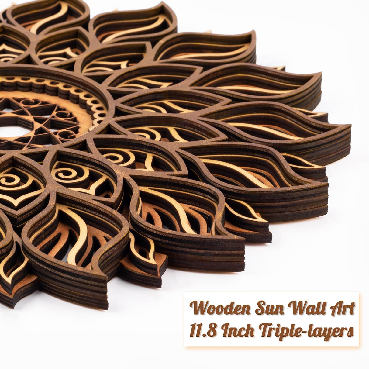 ADDMES 11.8 Inch Sun Wall Decor, Wooden Mandala Wall Art, Hollowed-out Sun Hanging Sign, Multi-layers Lotus Flower Wall Decor, Spiritual Room Decor for Bedroom, Living Room, Farmhouse Decor ADDMES