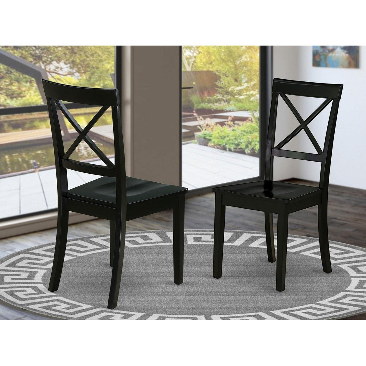 East West Furniture Boston Dining Room Cross Back Solid Wood Seat Chairs, Set of 2, Black East West Furniture