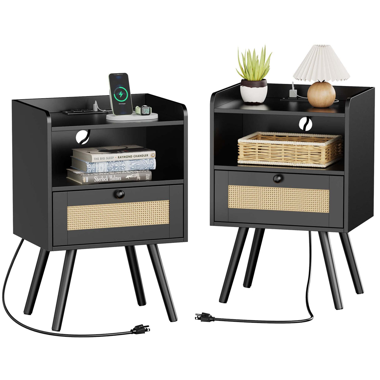 SUPERJARE Nightstands with Charging Station, Bedside Table Set of 2 with PE Rattan Drawers, Rattan Side Table with Storage & Solid Wood Feet, End Table for Bedroom, Black SUPERJARE