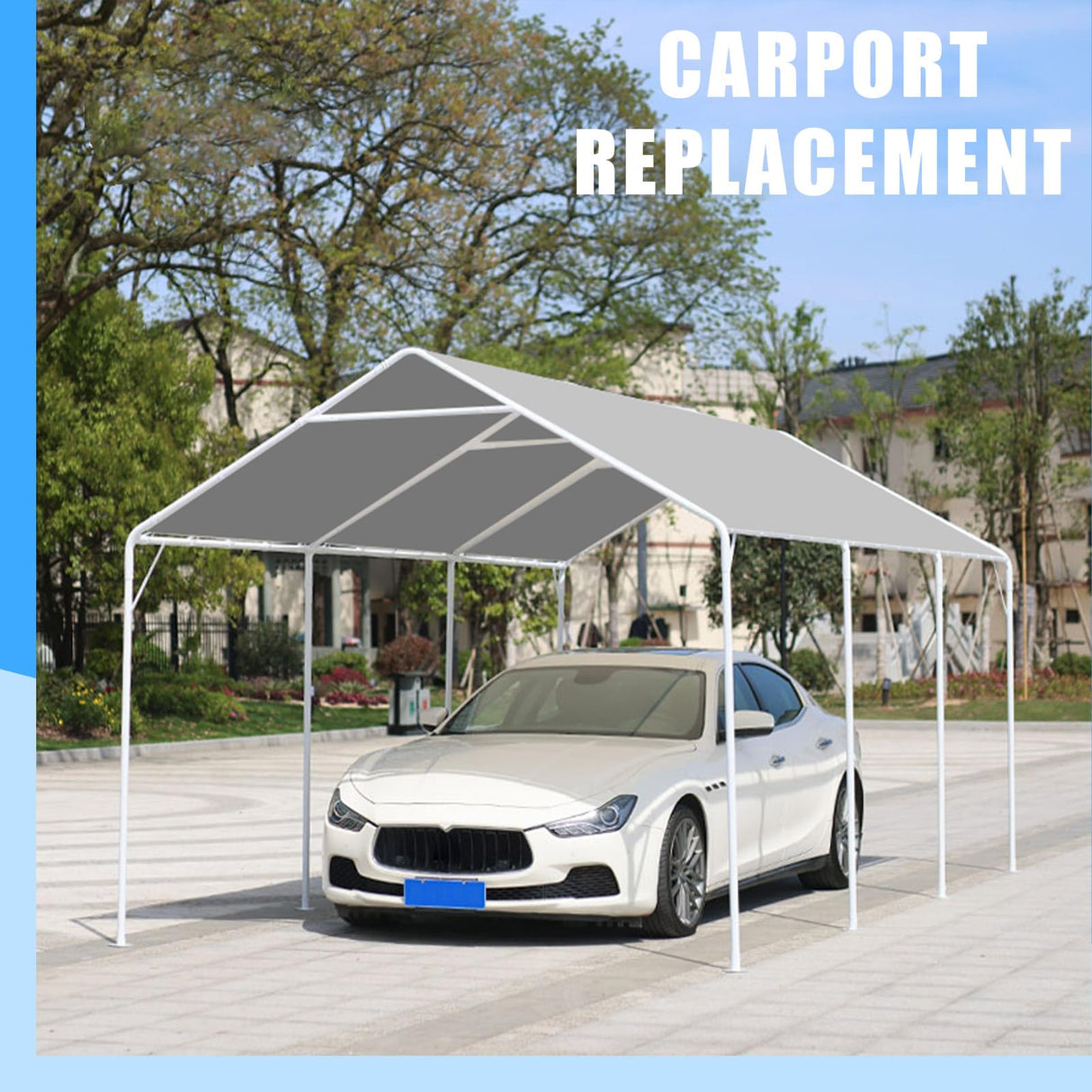 BOUTICOL 10 x 20 Ft Heavy Duty Carport Replacement Canopy Cover Waterproof & UV Protected Garage Top Tent Shelter Tarp Cover with 44 Ball Bungees Cords, Only Top Cover, Grey BOUTICOL