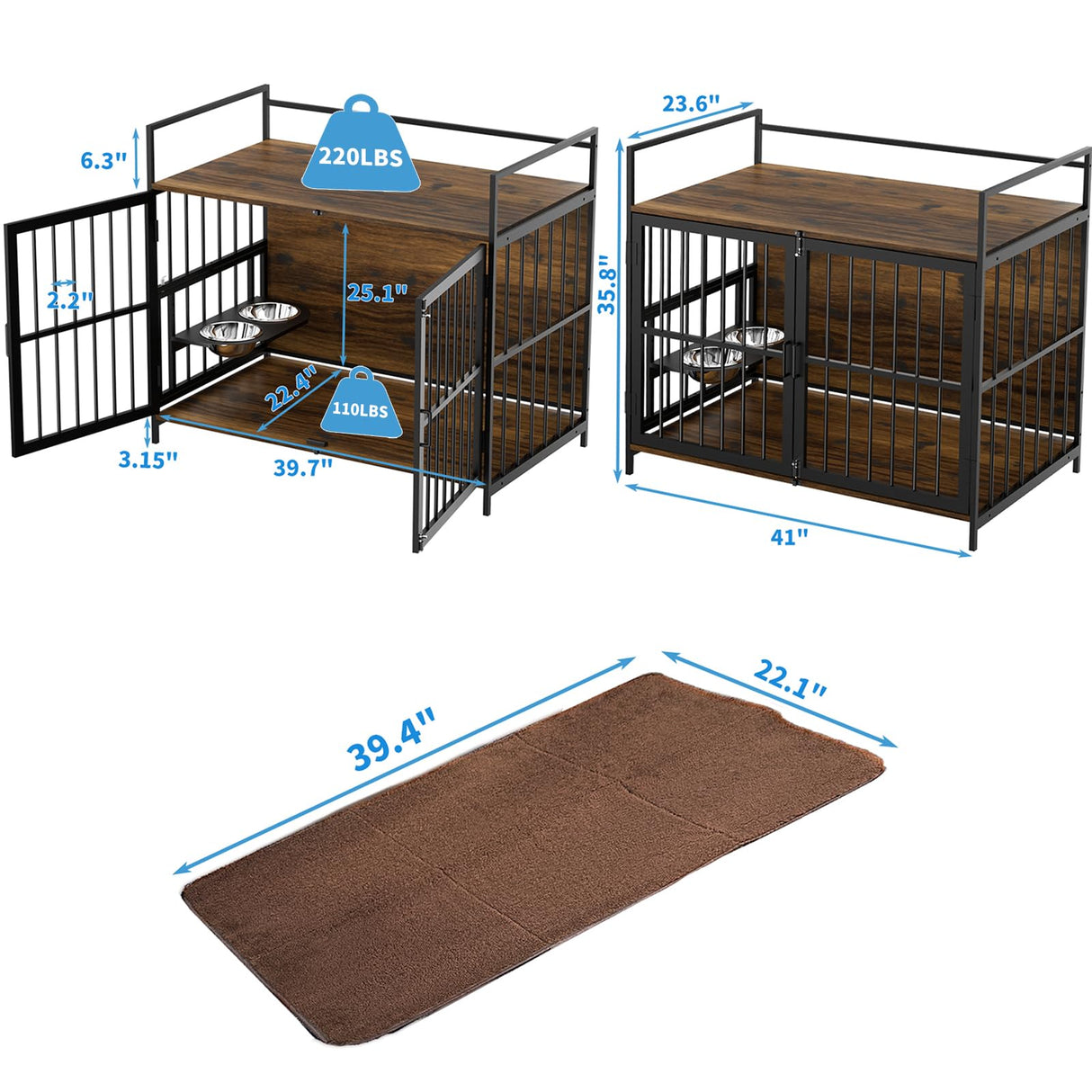 LOVMOR Dog Cage Furniture with Rotating Feeder Bowls, Dog Kennel Indoor with Cushion, Dog Crates for Small and Medium Dogs, 41" L X 23.6" W 35.8" H, Rustic Brown LOVMOR