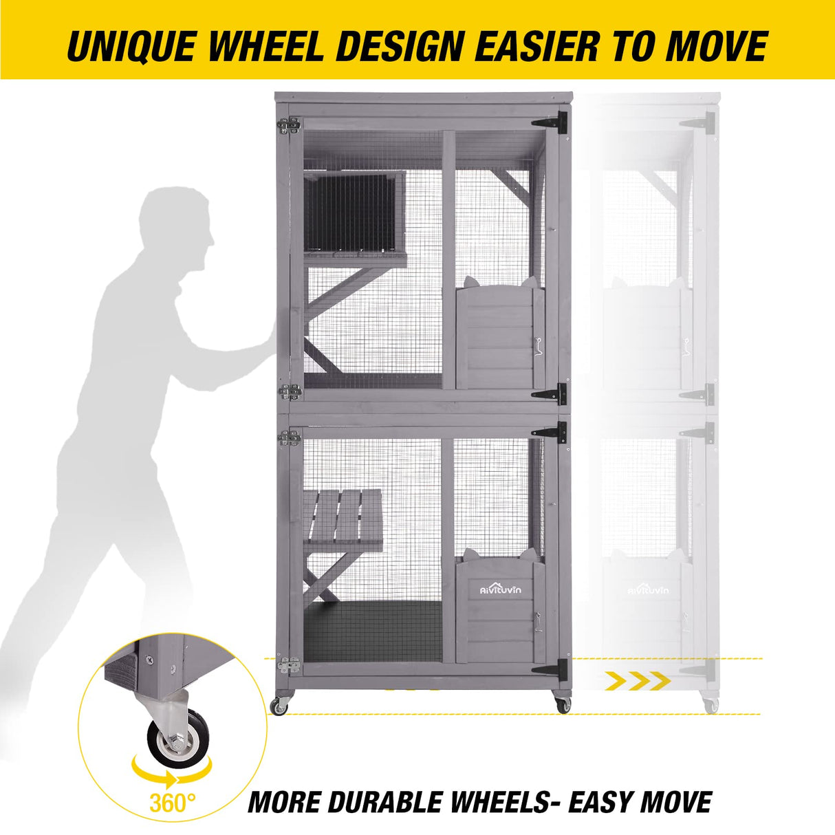 Aivituvin Cat Catio Outdoor Cat House Wooden Large Enclosure with Run on Wheels 70.9" Upgraded Version Catio with Reinforcement Strip,Waterproof Roof (Grey) Aivituvin