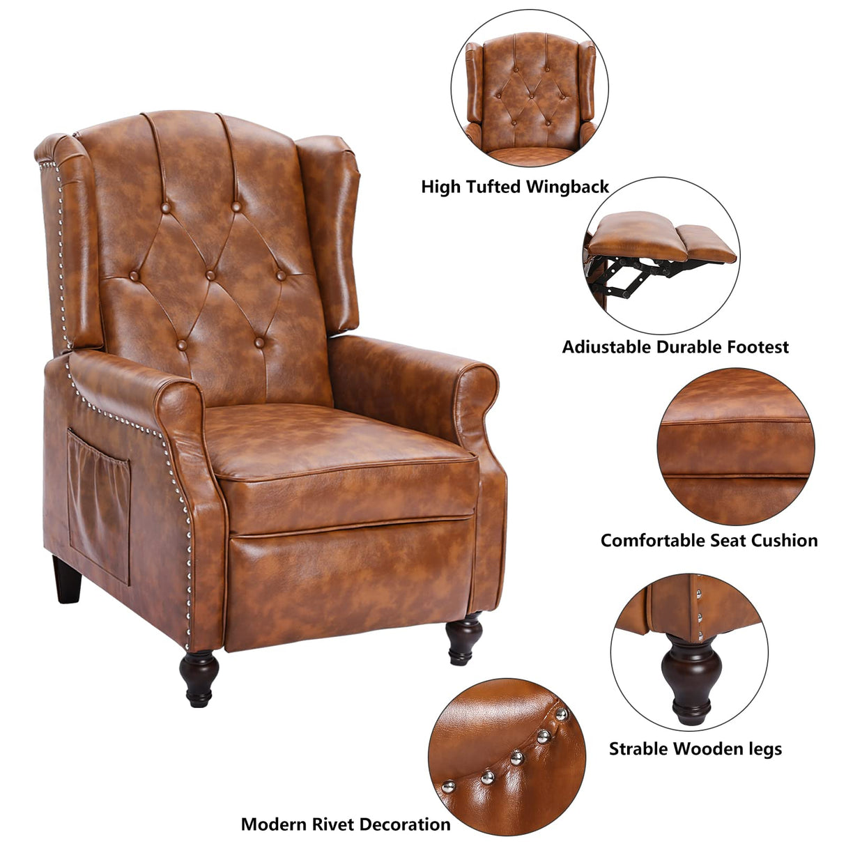 VUYUYU Wingback Recliner Chair, Push Back Arm Chair with Heat and Massage, PU Leather Single Sofa for Home, Living Room, Office, Bedroom(Cognac Brown,Set of 2) VUYUYU