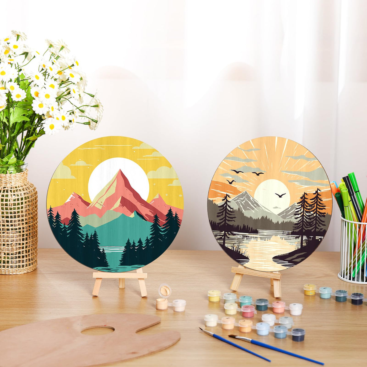 Faccito 4 Pack Wooden Landscape Paint by Numbers Kit for Adults Beginners 8 Inch Unfinished Round Wood Board Acrylic Paint Nylon Brush Hook Distant Mountains Sunset Lake DIY Crafts for Home Wall Decor Faccito