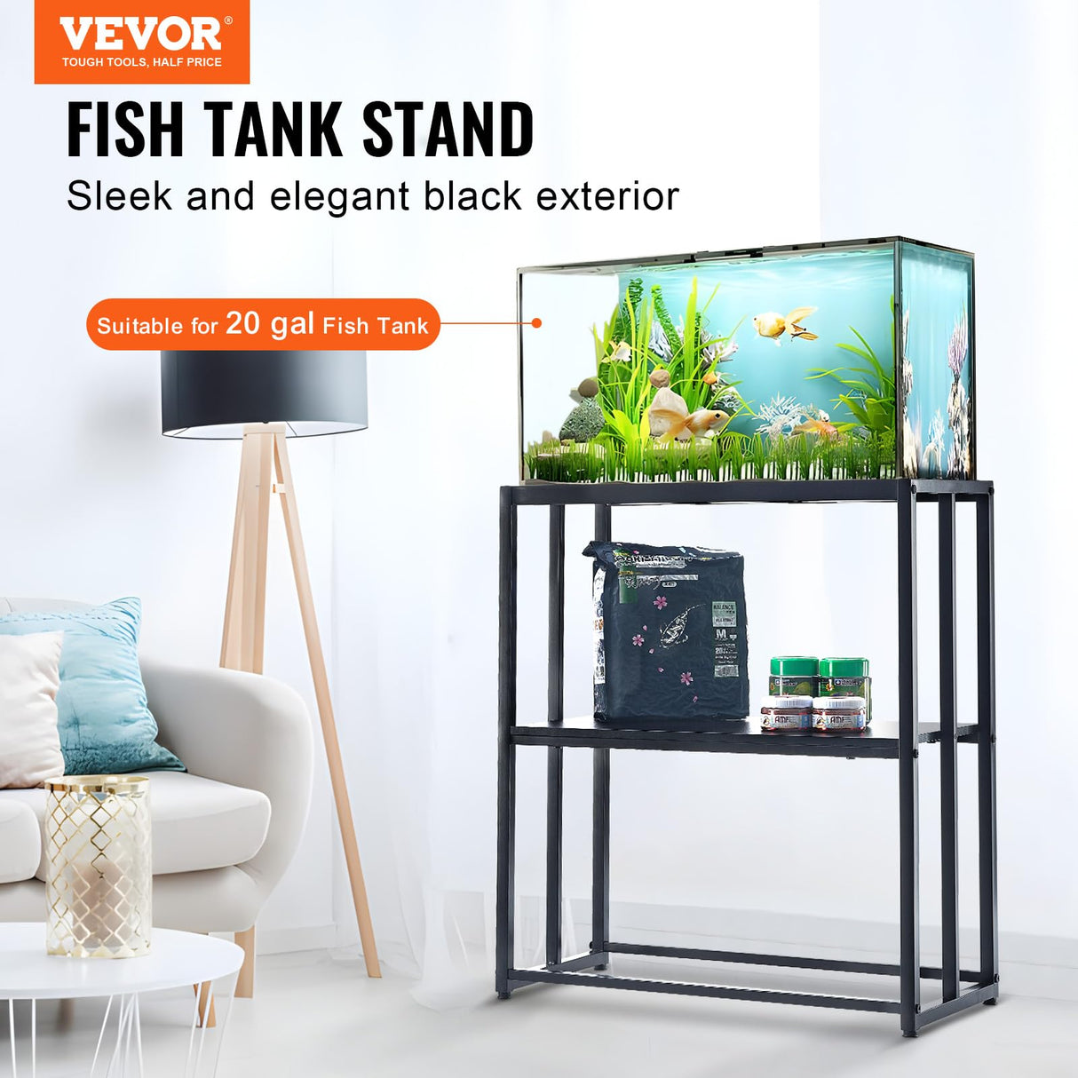 VEVOR Aquarium Stand, 20 Gallon Fish Tank Stand, 24.8 x 13 x 30 in Steel Turtle Tank Stand, 167.6 lbs Load Capacity, Reptile Tank Stand with Storage, Hardware Kit, and Non-Slip Feet, Black VEVOR