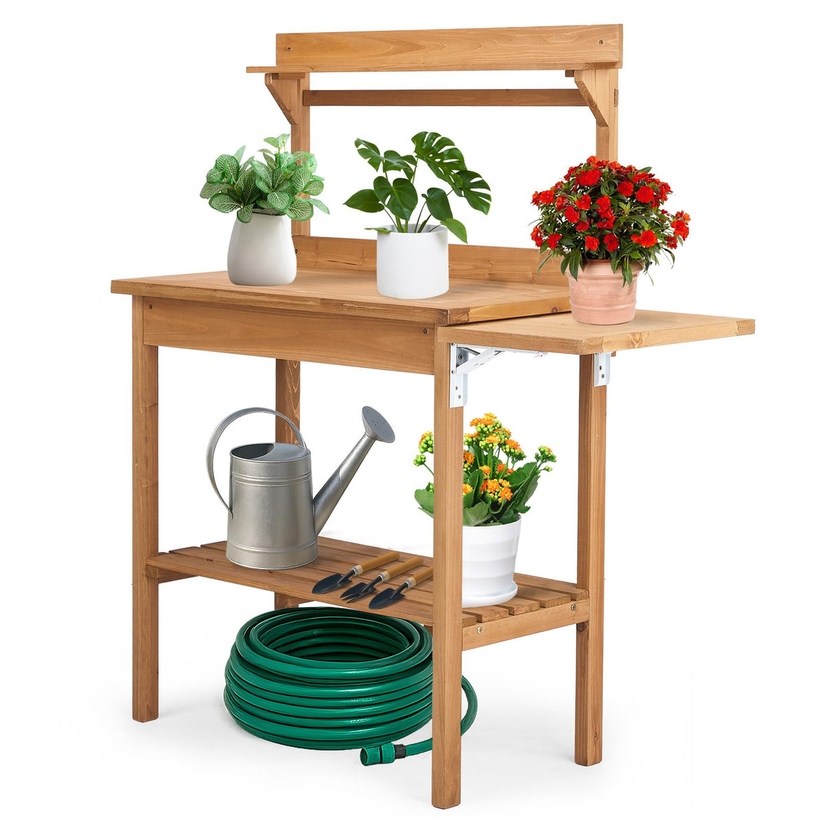 Outdoor Garden Potting Bench Table, Wooden Horticulture Planting Worstation with Metal Tabletop, 2 Drawers, Storage Shelf, 3 Hooks, Natural Wood (115 * 45.5 * 130CM) Generic