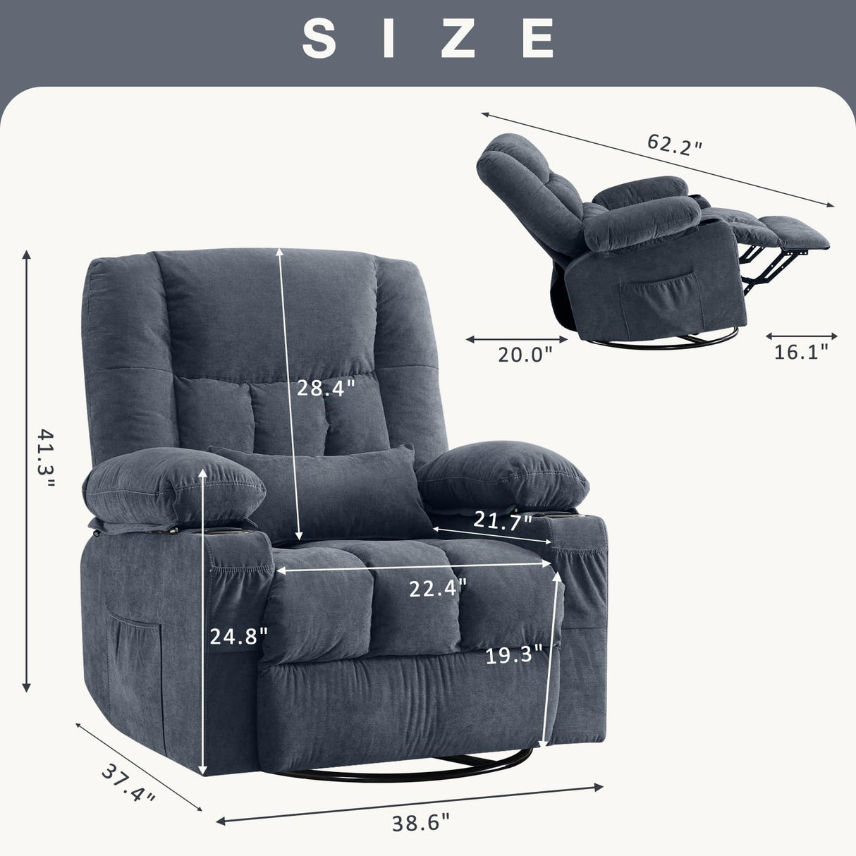 BOSMILLER Massage Swivel Rocker Recliner Chair with Vibration Massage and Heat Ergonomic Lounge Chair for Living Room with Rocking Function and Side Pocket, 2 Cup Holders, USB Charge Port BOSMILLER