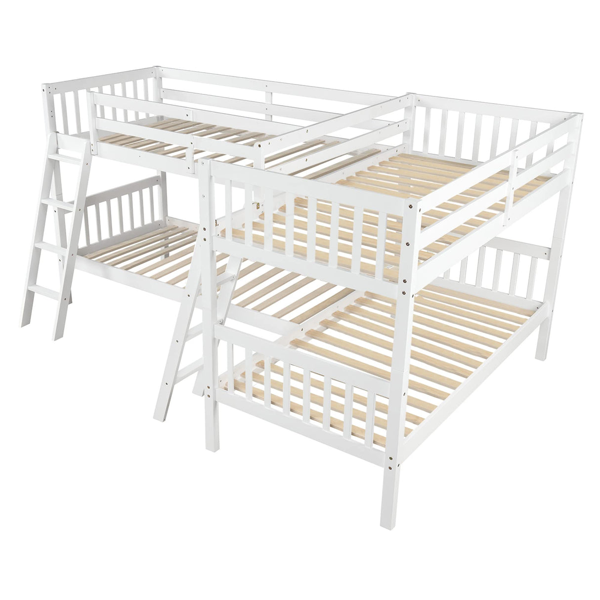 Harper & Bright Designs L-Shaped Bunk Bed Twin Over Twin, Quad Bunk Bed with Guardrail and 2 Angle Ladder, Wood Corner Bunk Beds for 4 Kids, Teens, Adults, No Box Spring Needed (White) Harper & Bright Designs
