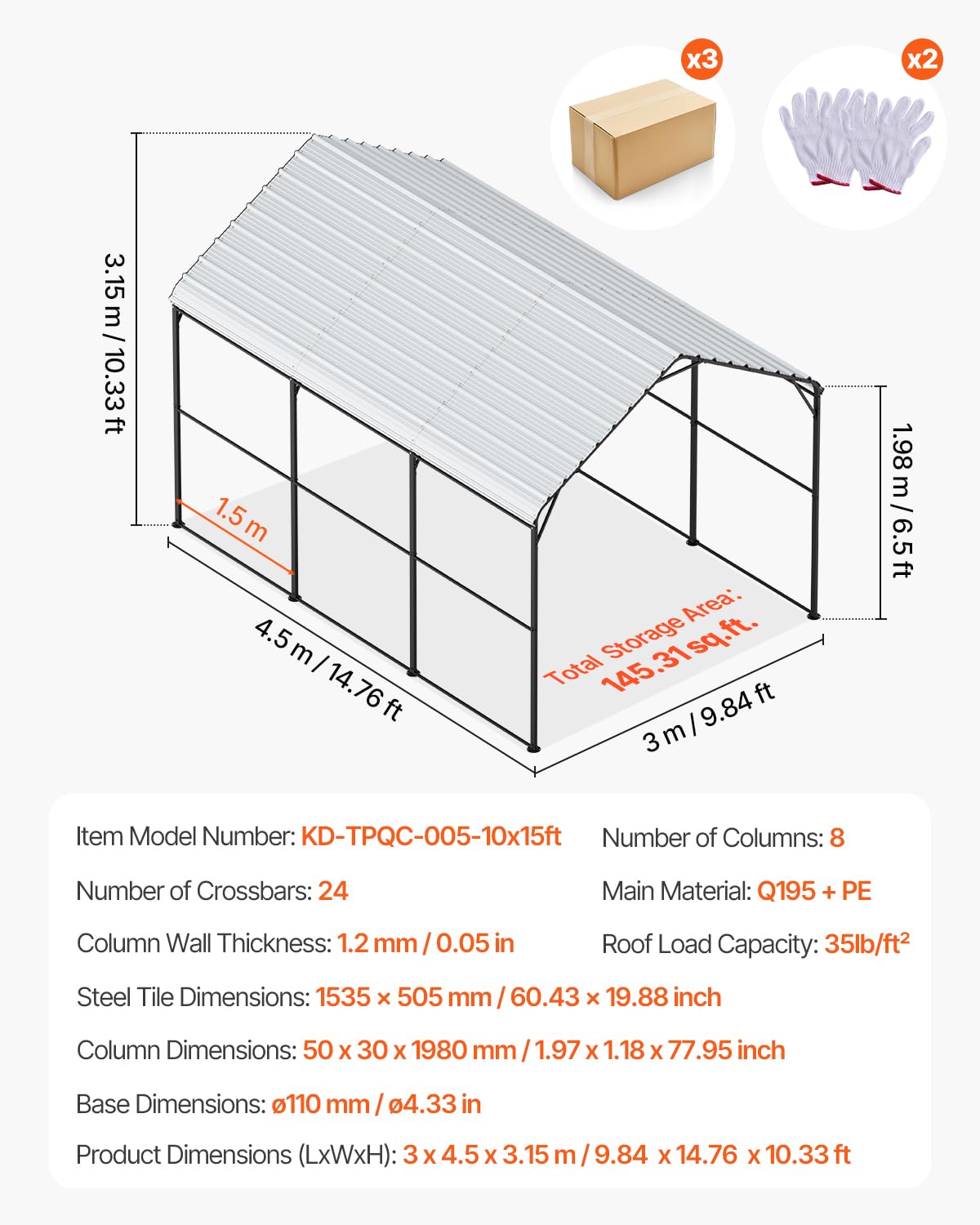 VEVOR Heavy Duty Metal Carport, 10' x 15' Outdoor Carport with Galvanized Steel Frame & Roof, Car Tent Garage Shade with Removable Sidewalls, Multi-Use Car Shelter for Pickup, Boat, Car & Tractors VEVOR