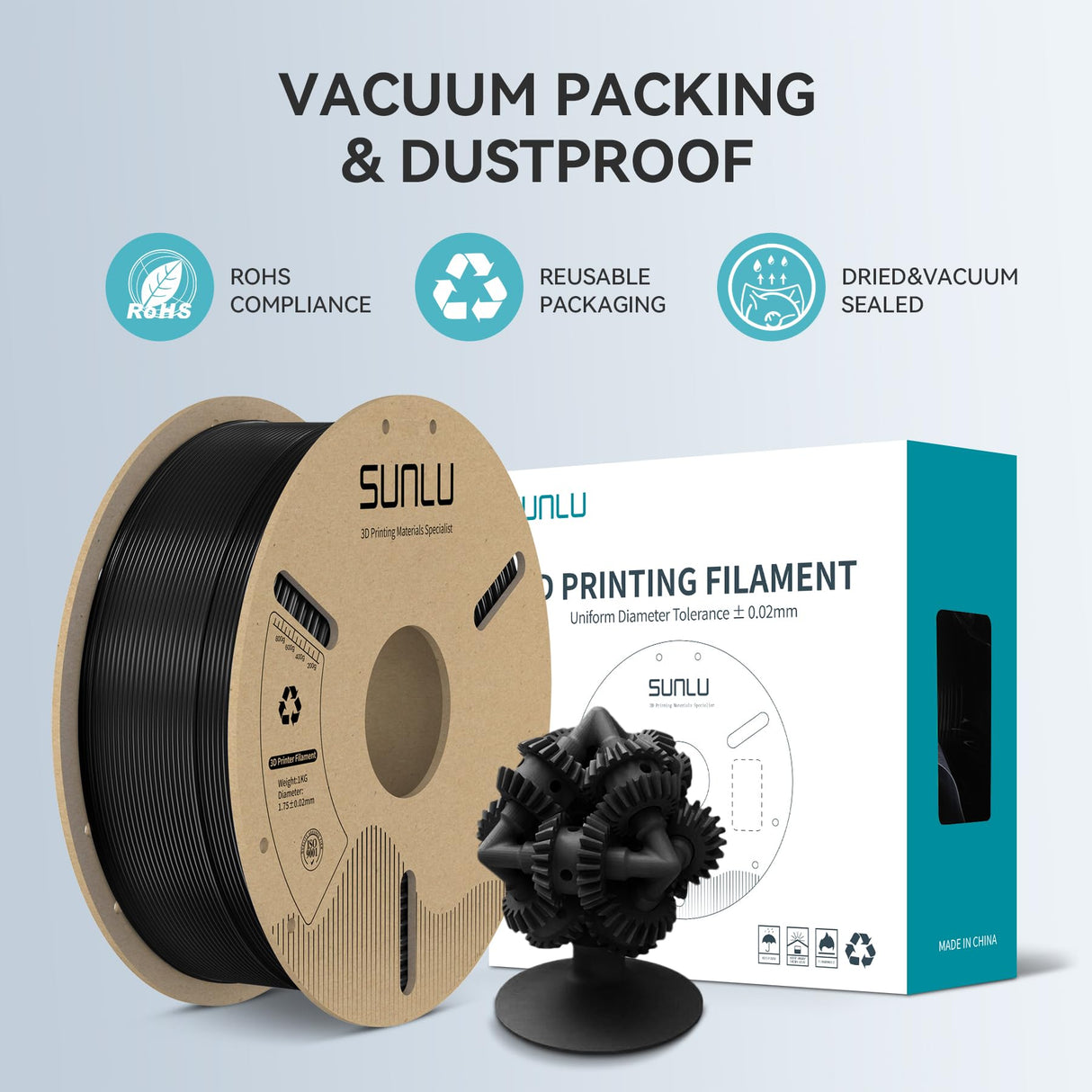 SUNLU PETG Filament 1.75mm, 3D Printer Filament 1.75mm ±0.02mm, Fit Most FDM 3D Printer, 1KG Cardboard Spool. (Black) SUNLU