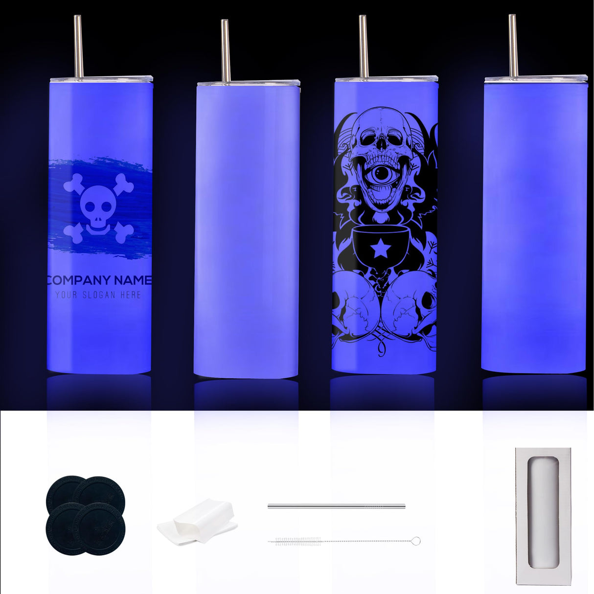 JKGTKC 4 PACK Sublimation Tumblers 20 Oz Skinny Straight Luminous Skinny Tumbler Bulk for heat for press color change blue color in the dark JKGTKC