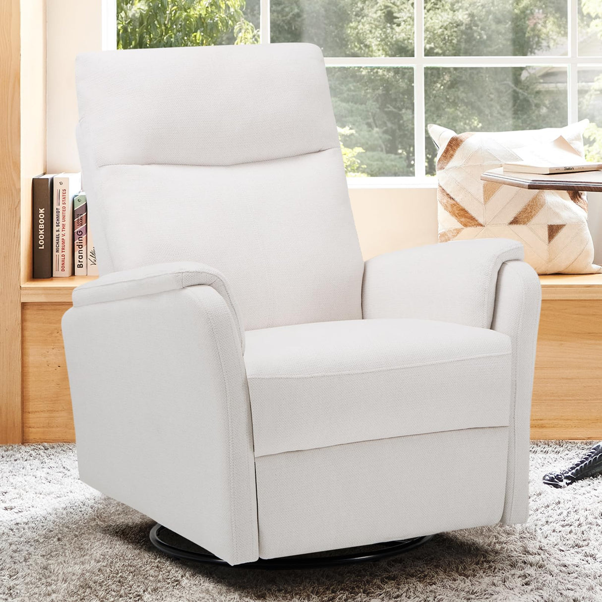 COLAMY Swivel Rocking Recliner Chair, Nursery Rocker Glider Recliner with Extra Large Footrest, Deep Seat, High Back, Upholstered Fabric Reclining Single Sofa for Living Room-White COLAMY