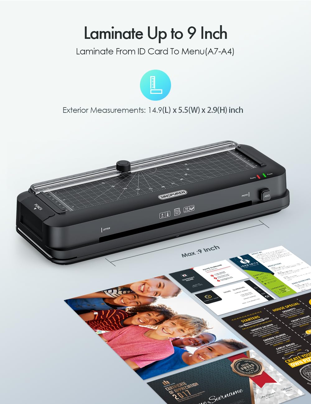 SINOPUREN 9-Inch Thermal Laminator Machine, 3-in-1 Laminator with Built-in Paper Trimmer, Hole Punch & Corner Rounder, 10 Laminating Pouches, Fast 3-Min Warm-Up, Jam-Free for Home, Office, School SINOPUREN