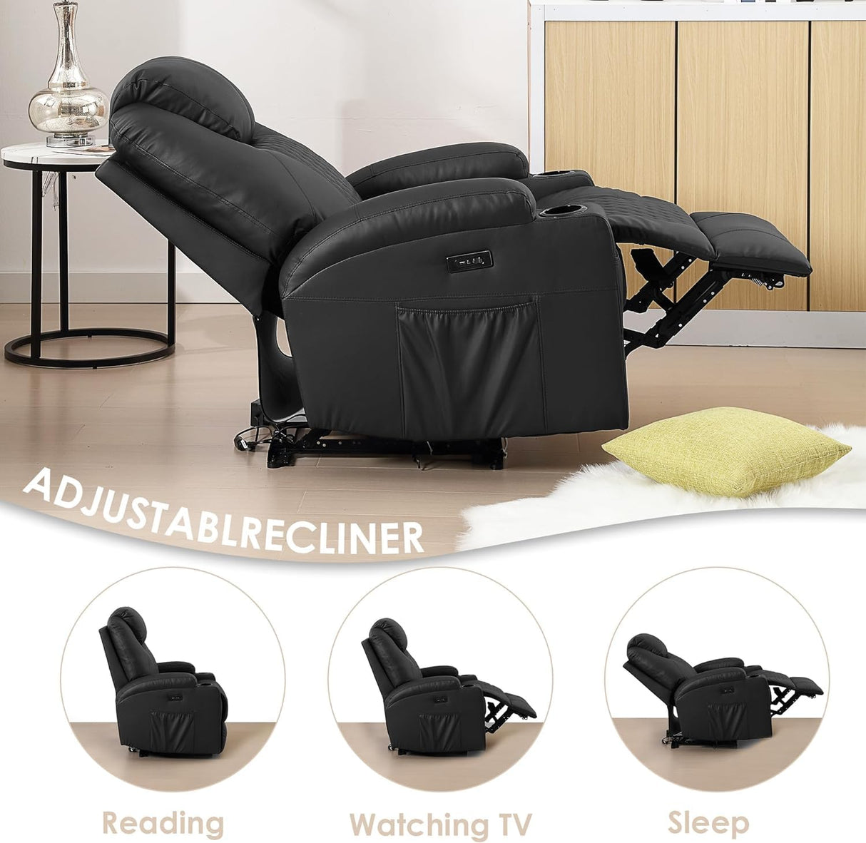 AHMED Power Recliner Chair, Home Theater Seating with LED Ambient Lighting, PU Leather Lazy Sofa Heat Massage Chair with Cup Holders/Side Pockets/USB Ports for Living Room (Black, Single) AHMED