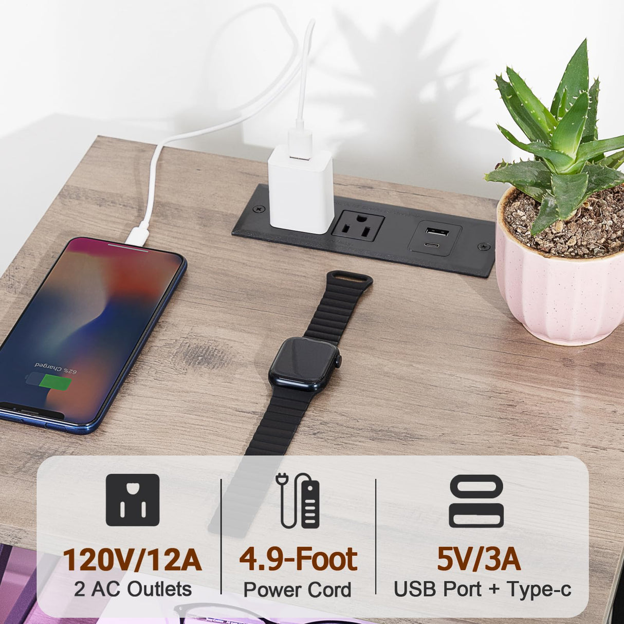 AMHANCIBLE Night Stand Set 2, LED Nightstands for Bedroom Set of 2 with Charging Station, End Table with USB Port and Outlet, Side Table with 2 Storage Drawers for Living Room, Greige, HET052LGY AMHANCIBLE