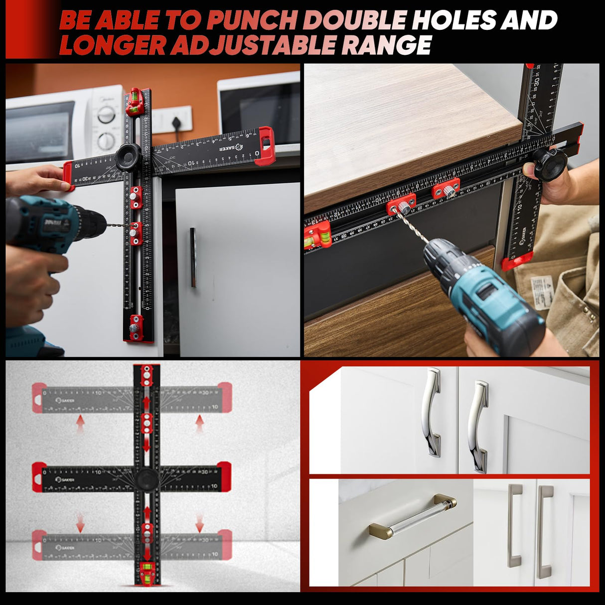 Saker 4-in-1 Drilling Positioning Ruler, Adjustable 13.78in Multifunctional T Square Ruler, Cabinet Hardware Jig, Marking Gauge Tools for Woodworking, Cabinet Drawer Door Hole Drilling Template Saker