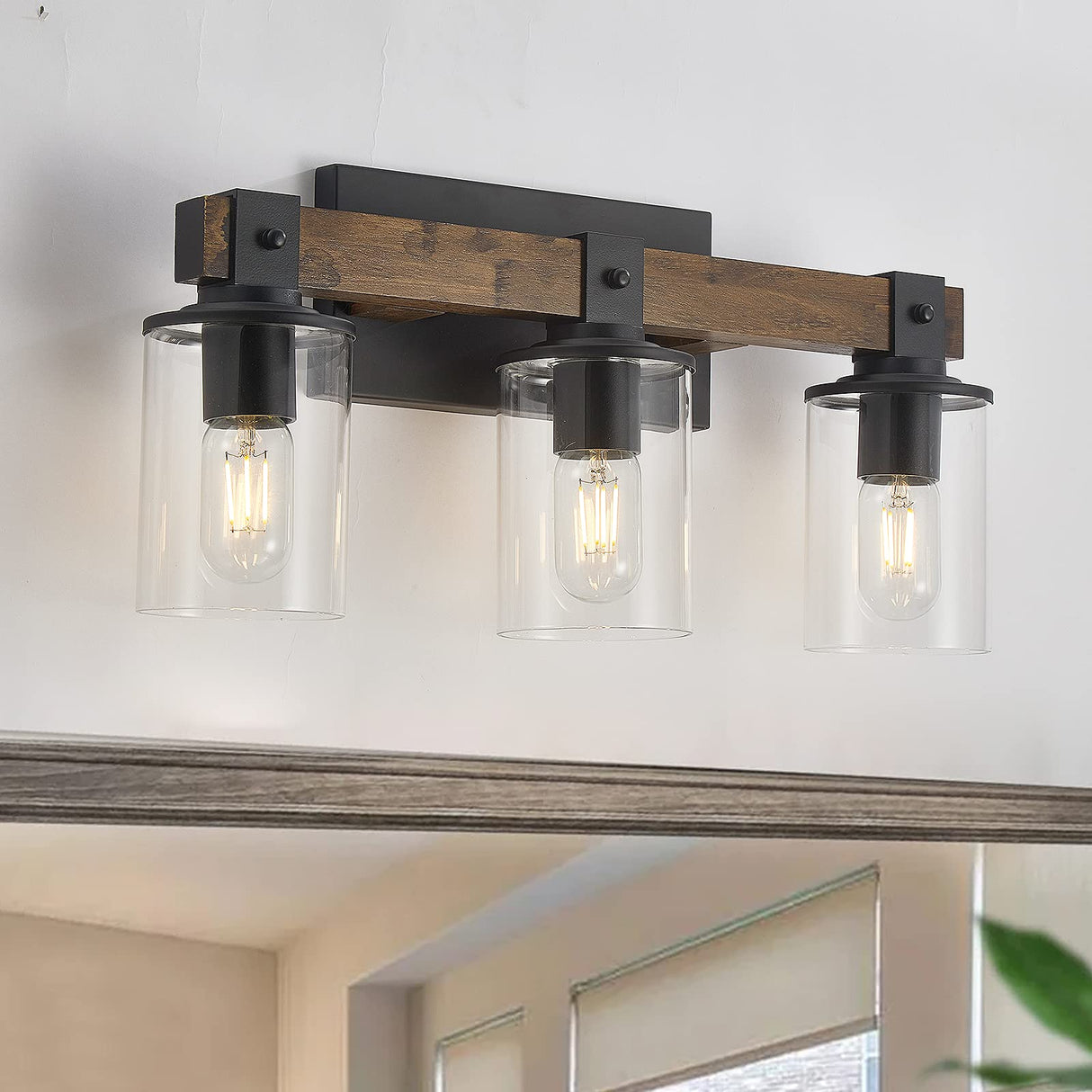 DUJAHMLAND Farmhouse Vanity Light Fixture,3-Light Bathroom Wood Wall Light Over Mirror with Clear Glass Shade, Rustic Vintage Wall Sconce Lighting.(Antique Wood, 3-Light) DUJAHMLAND